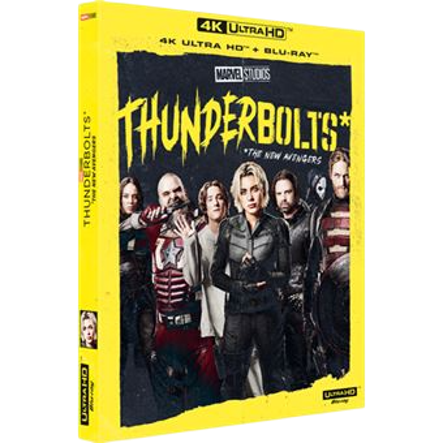 Gele dvd-hoes met de titel "Thunderbolts" met een groep personages. De hoes heeft logo's "4K ULTRA HD" en "Marvel Studios".
