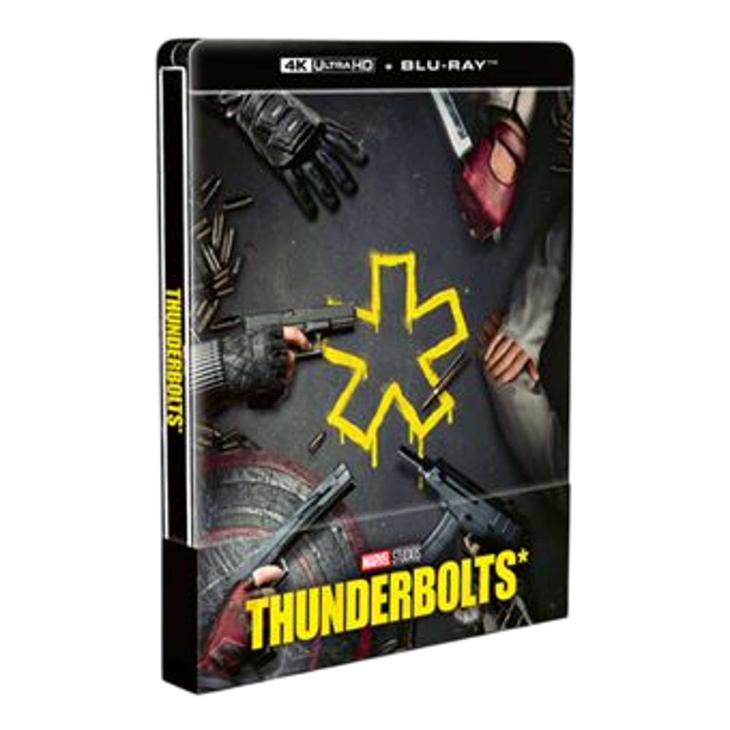 Couverture de film. Mains tenant des armes, des balles et une étoile jaune. Le texte dit 'Thunderbolts'. Schéma de couleurs noir, rouge et gris.