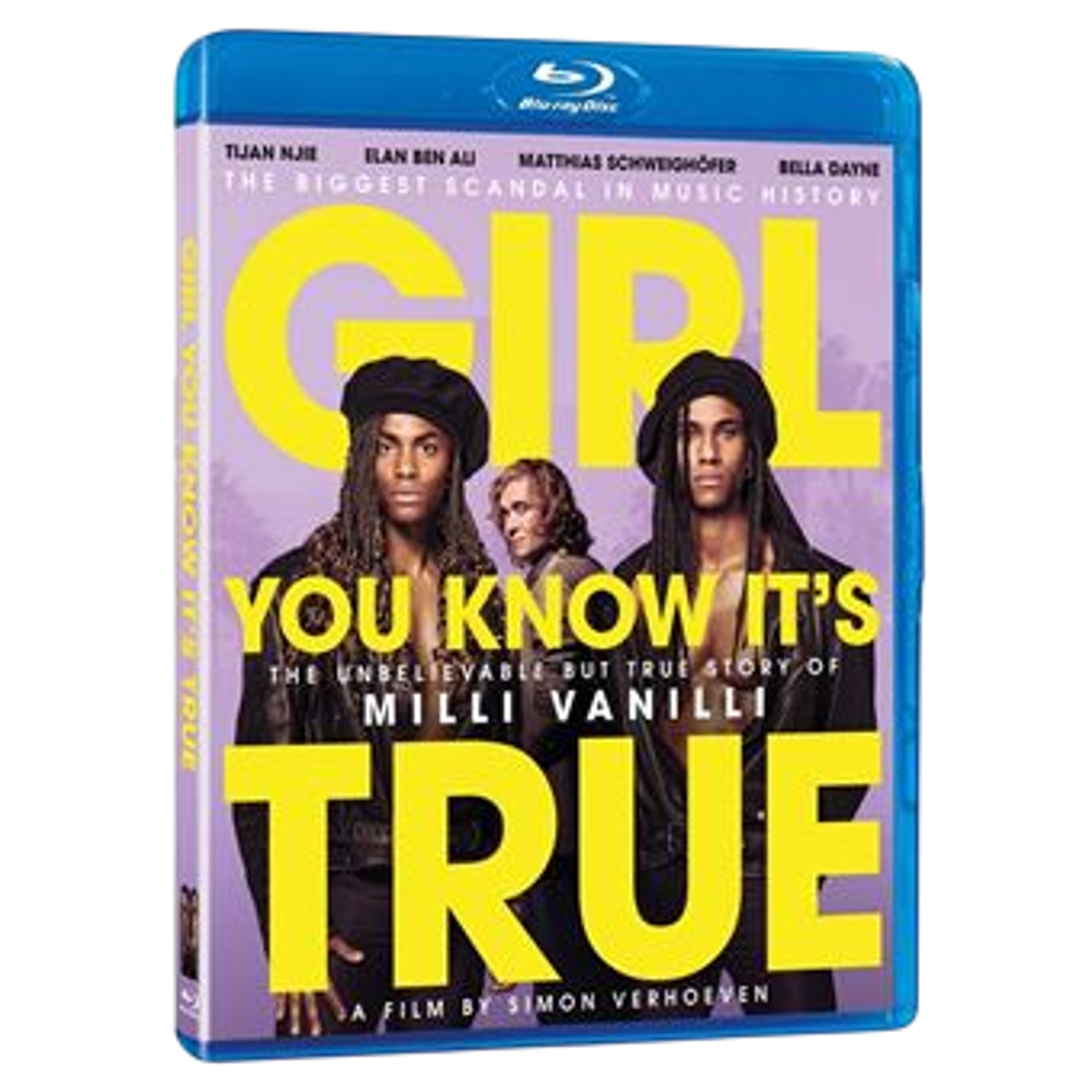 Couverture Blu-ray pour "Girl You Know It's True". Présente deux hommes, le titre et les mots 'Milli Vanilli'. Le violet et le jaune dominent.