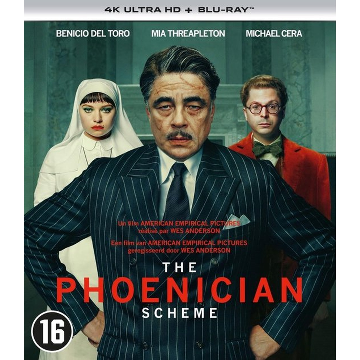 Movie poster: Benicio Del Toro, Mia Threapleton, Michael Cera. Title: The Phoenician Scheme. Rating 16. Blu-ray label.