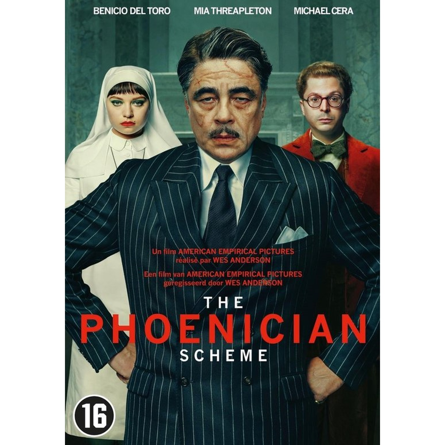 Affiche de film avec Benicio Del Toro, Mia Threapleton et Michael Cera. Titre : The Phoenician Scheme. Note : 16.