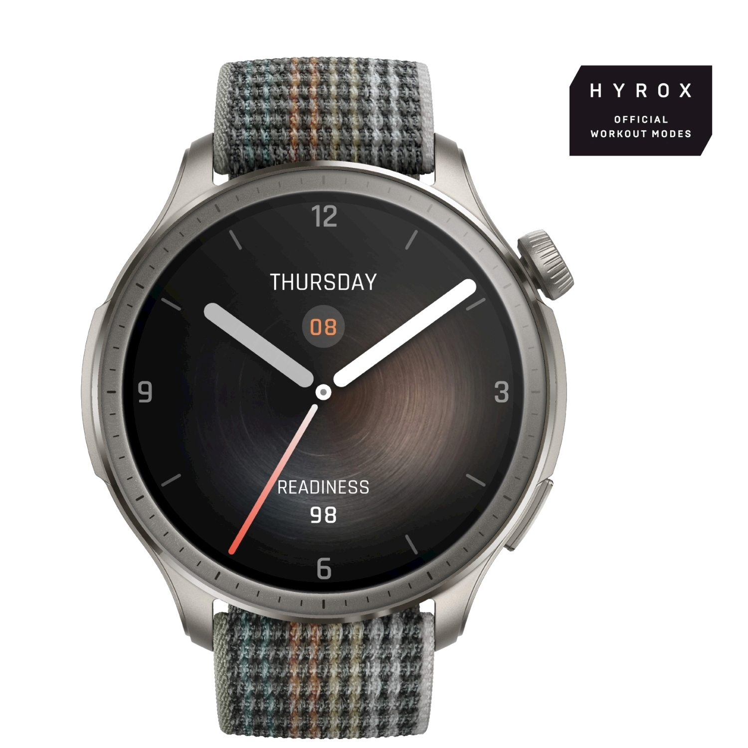 Uno smartwatch argentato con cinturino a fantasia mostra giovedì, la data 08 e la prontezza 98. Un logo HYROX è in alto a destra.