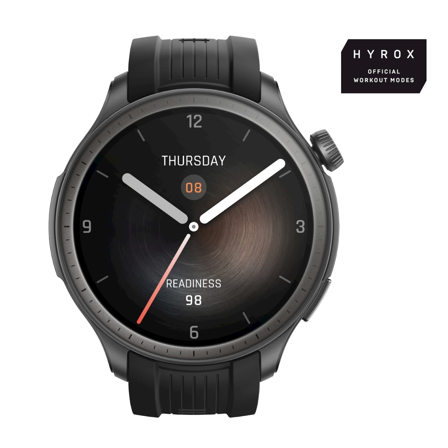 Smartwatch nero con schermo scuro che mostra giovedì, la data 08 e il punteggio di preparazione 98. Logo HYROX a destra.