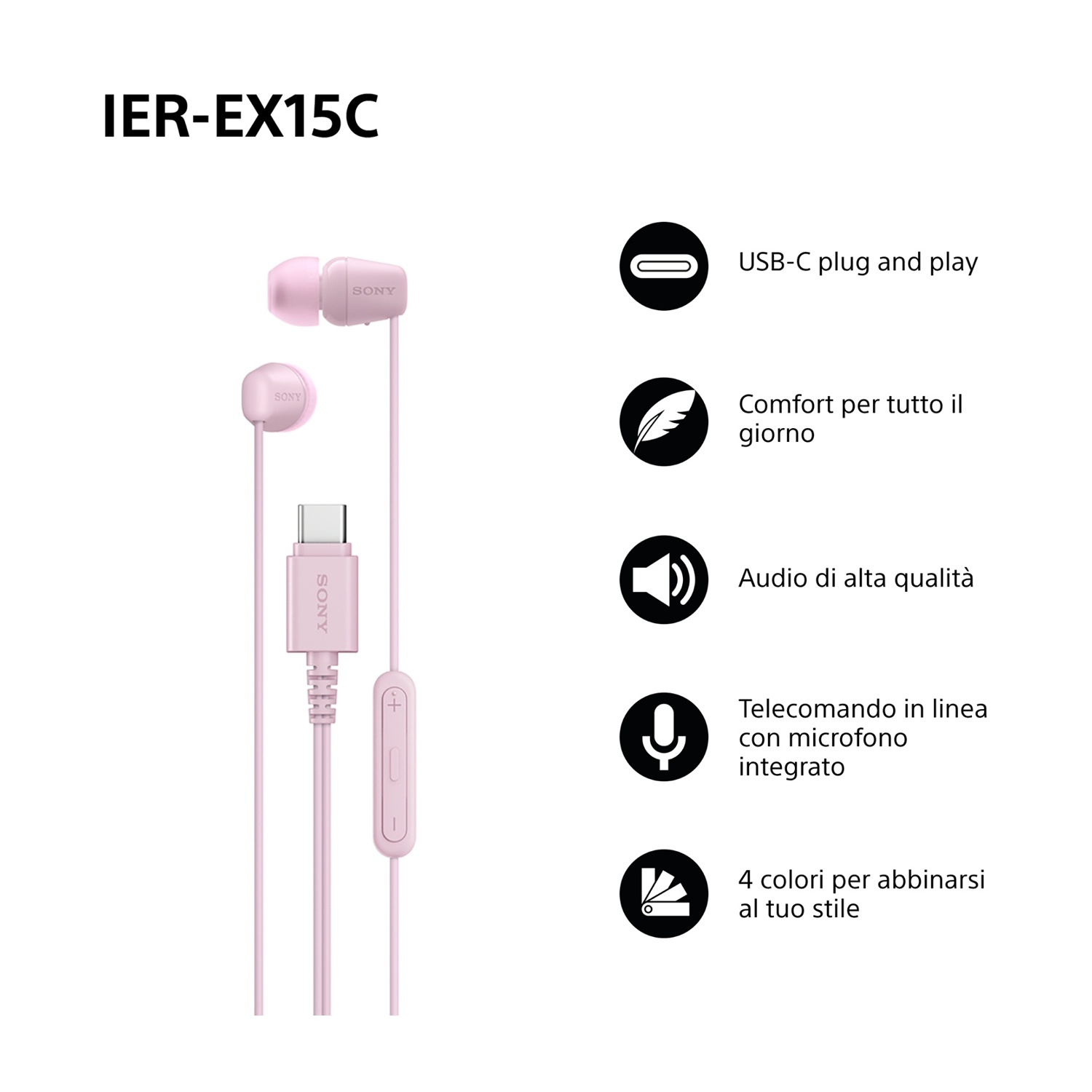 Auricolari Sony rosa con connettore USB-C, telecomando in linea e funzionalità come plug-and-play, audio di alta qualità e comfort.