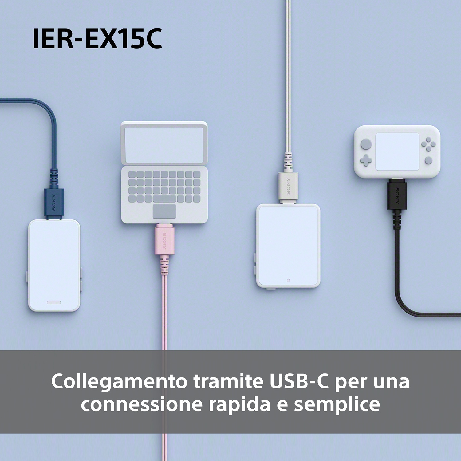 L'immagine mostra quattro dispositivi bianchi collegati con cavi USB-C di colori diversi. Ogni cavo è collegato a un dispositivo, ognuno con il logo SONY.
