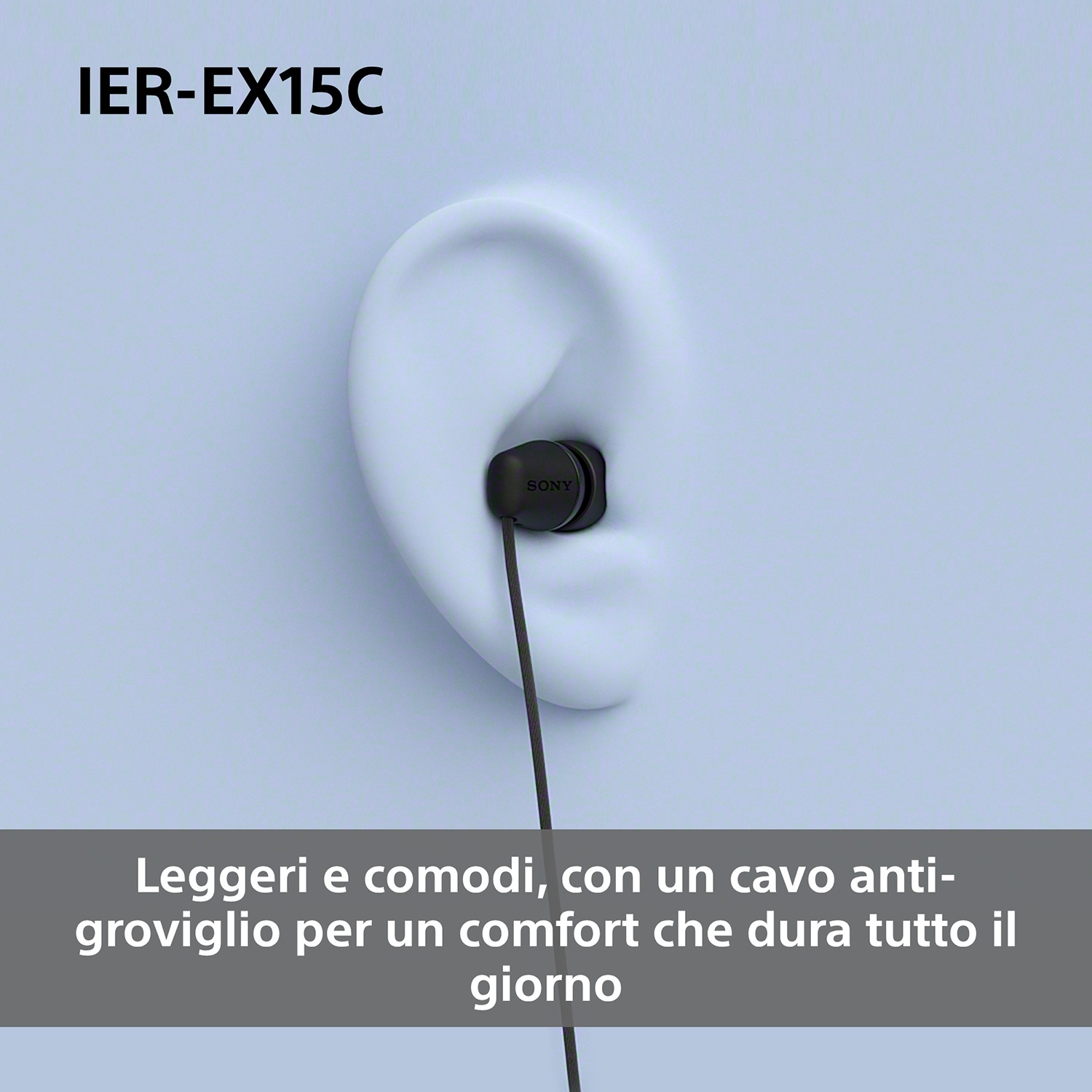 Auricolari Sony neri con filo vicino a un modello di orecchio azzurro. Il testo in alto recita 'IER-EX15C'.