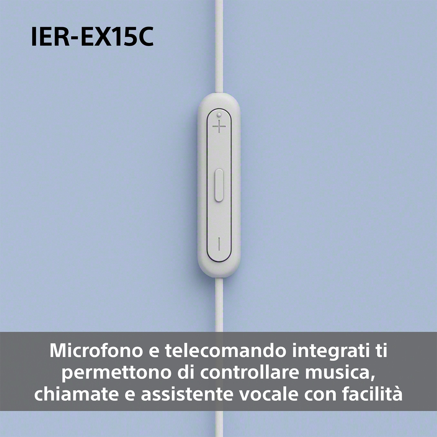 Telecomando in linea bianco con pulsanti più e meno su sfondo azzurro. Testo in basso: microfono e telecomando.