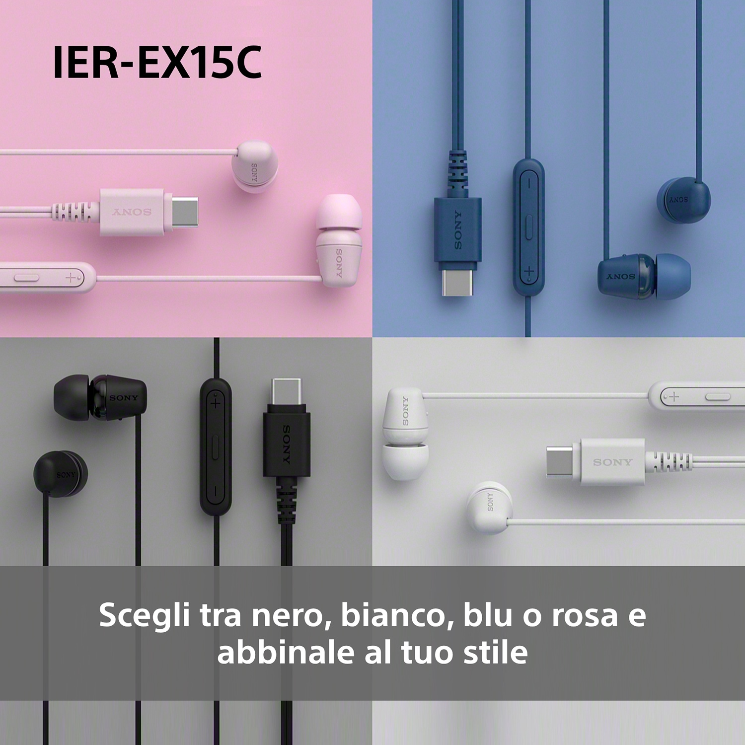 L'immagine mostra gli auricolari Sony IER-EX15C in rosa, blu, nero e bianco. Ogni colore ha componenti diverse.