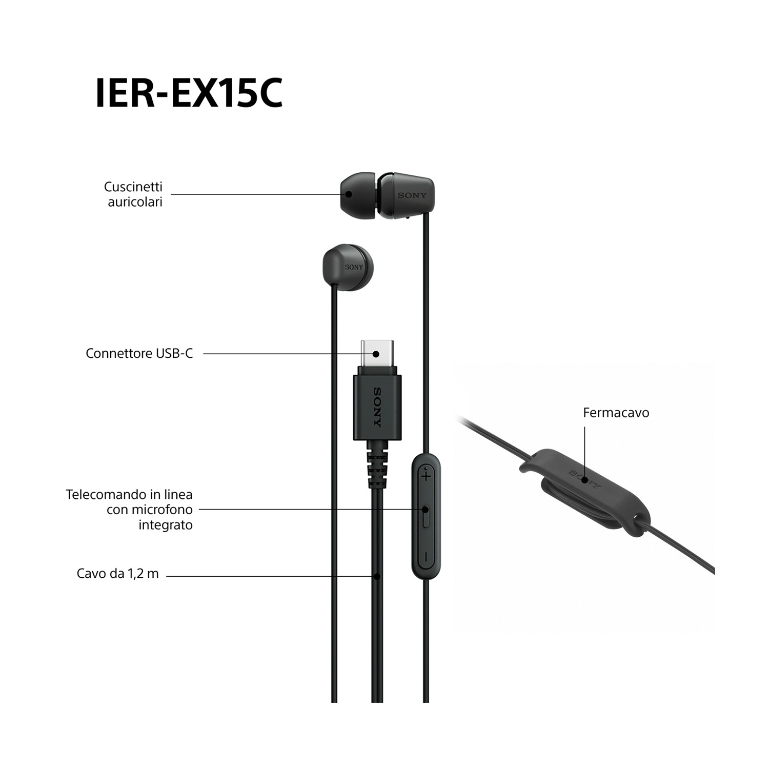 Immagine di auricolari Sony IER-EX15C. Presentano cuscinetti, connettore USB-C, telecomando in linea e clip per cavo.