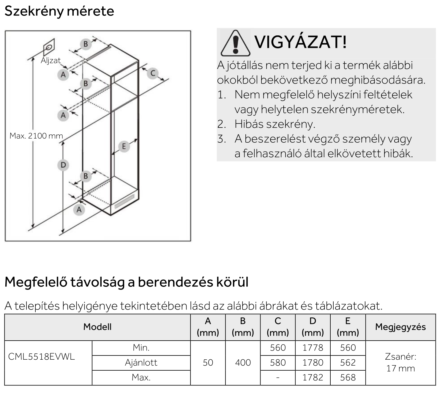 A diagram a szekrény méreteit mutatja feliratozott részekkel. Figyelmeztetés és táblázat van a CML5518EVWL modell méreteivel.