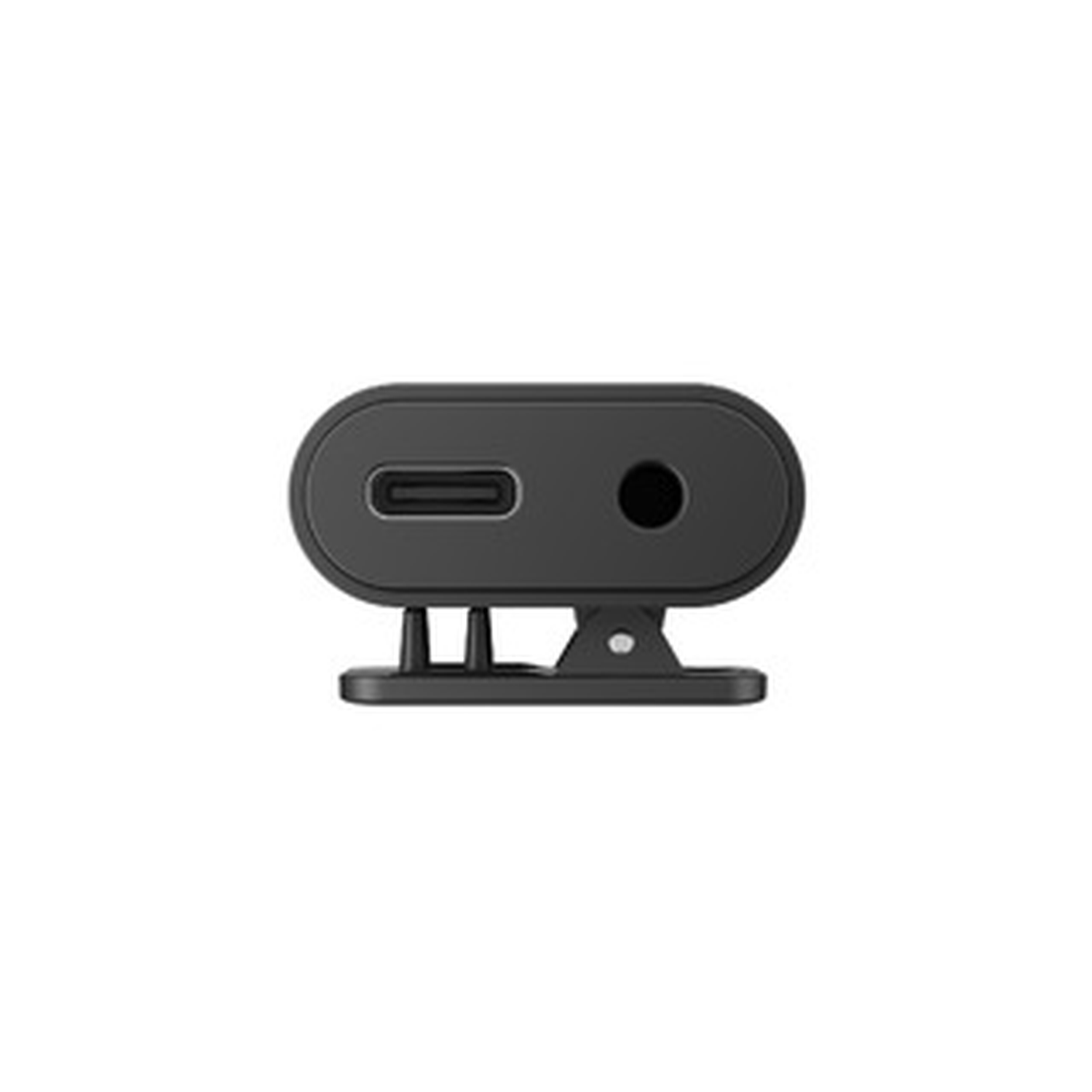 Een zwart audioapparaat met een USB-C-poort, een koptelefoonaansluiting en een clip. Het staat op een witte achtergrond.