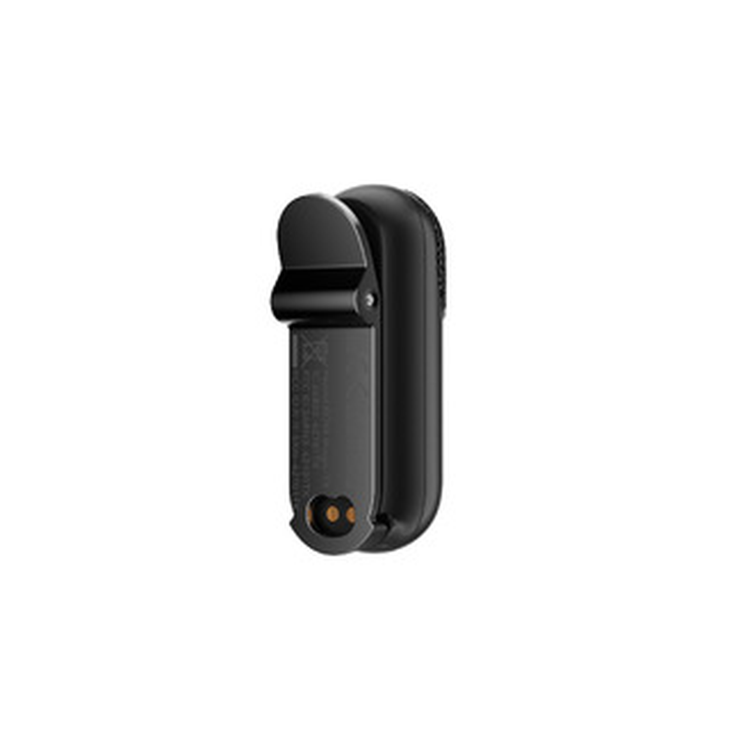 Een zwarte fitness tracker oplader, verticaal, met een clip en twee oplaadpinnen zichtbaar. Achtergrond is wit.