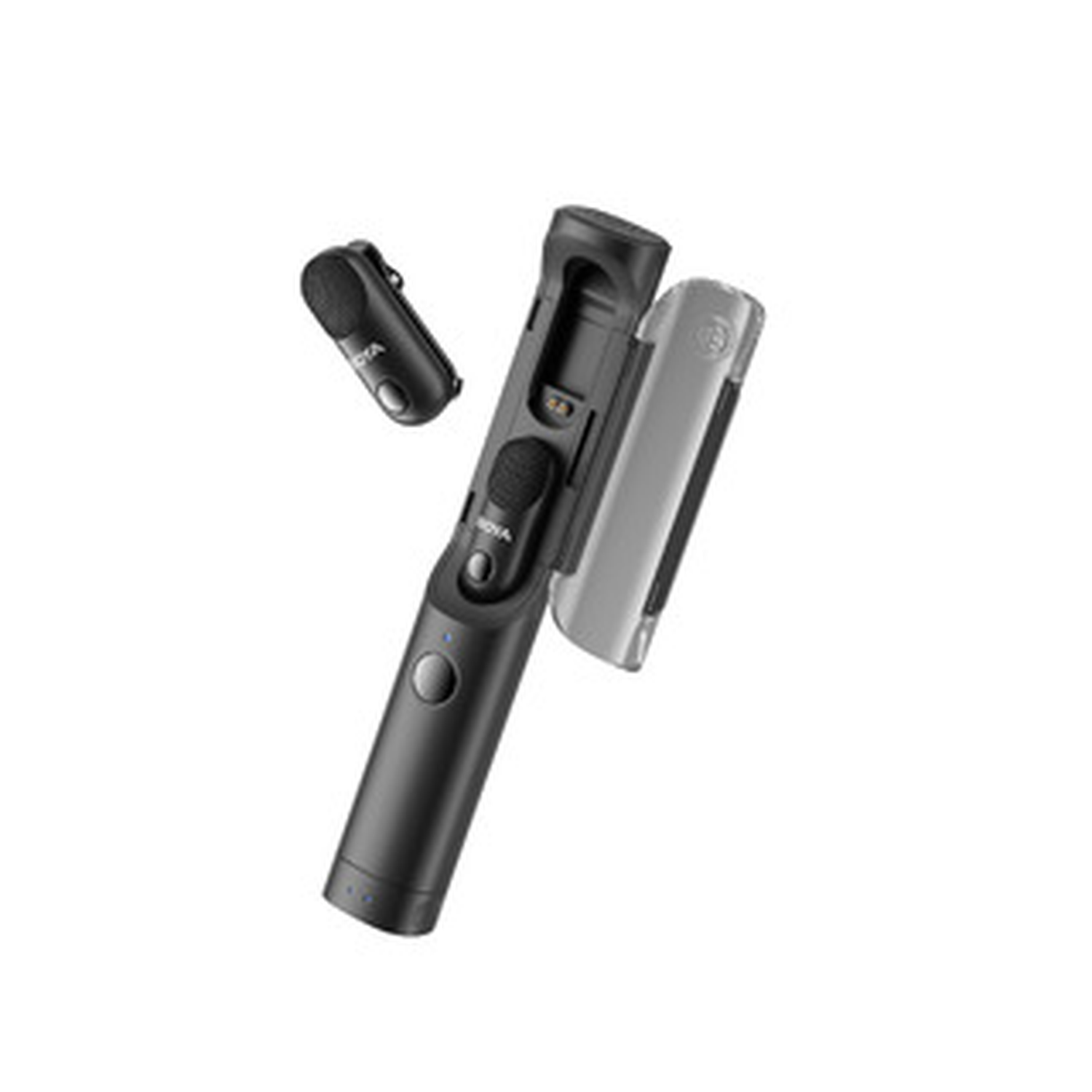 Zwarte microfoonset met meerdere componenten, losgemaakt en gemonteerd, op een witte achtergrond. Inclusief een handheld en een kleine clip-on microfoon.