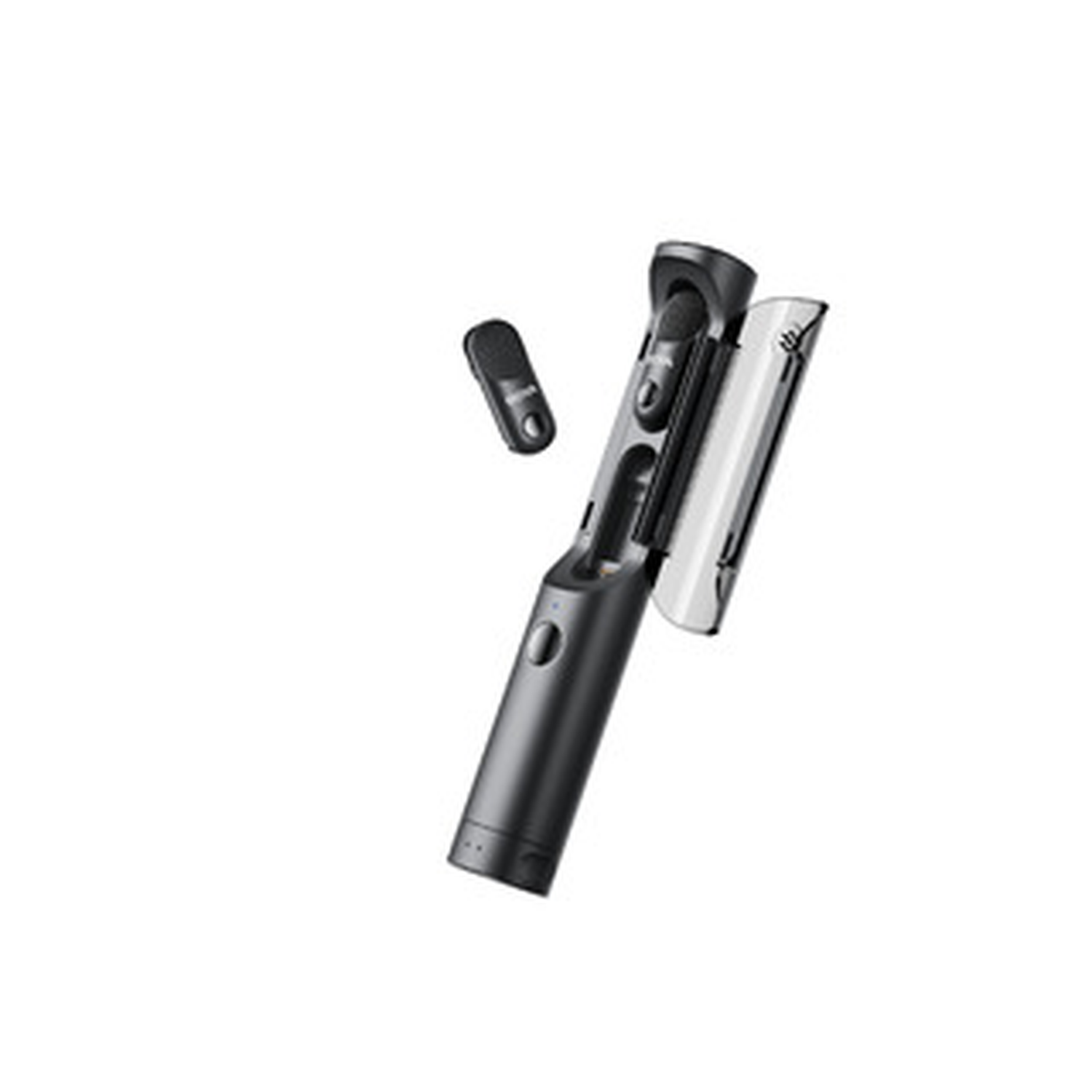 A black and gray electronic device with a small remote on a white background. The device has a clear plastic cover.