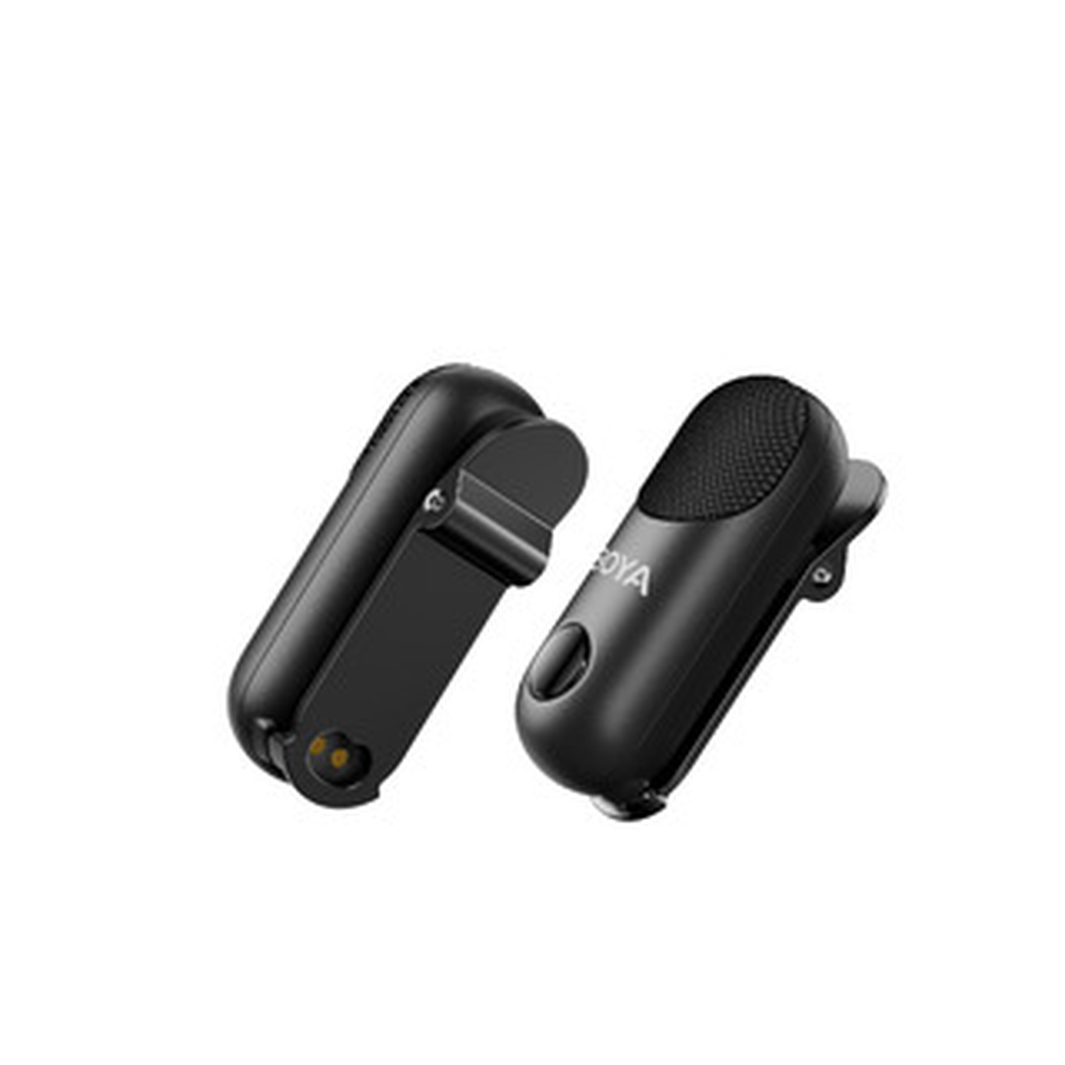Two black wireless microphones on a white background. One is open, the other closed. Both have a clip.