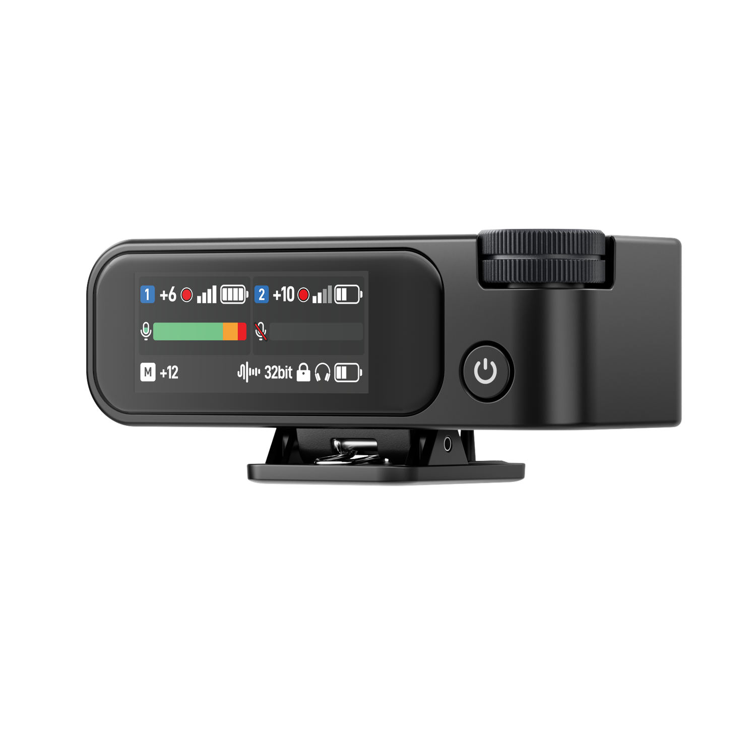 Black audio device with screen displaying levels, battery, and settings. Has a power button and a volume knob. Clip on the bottom.