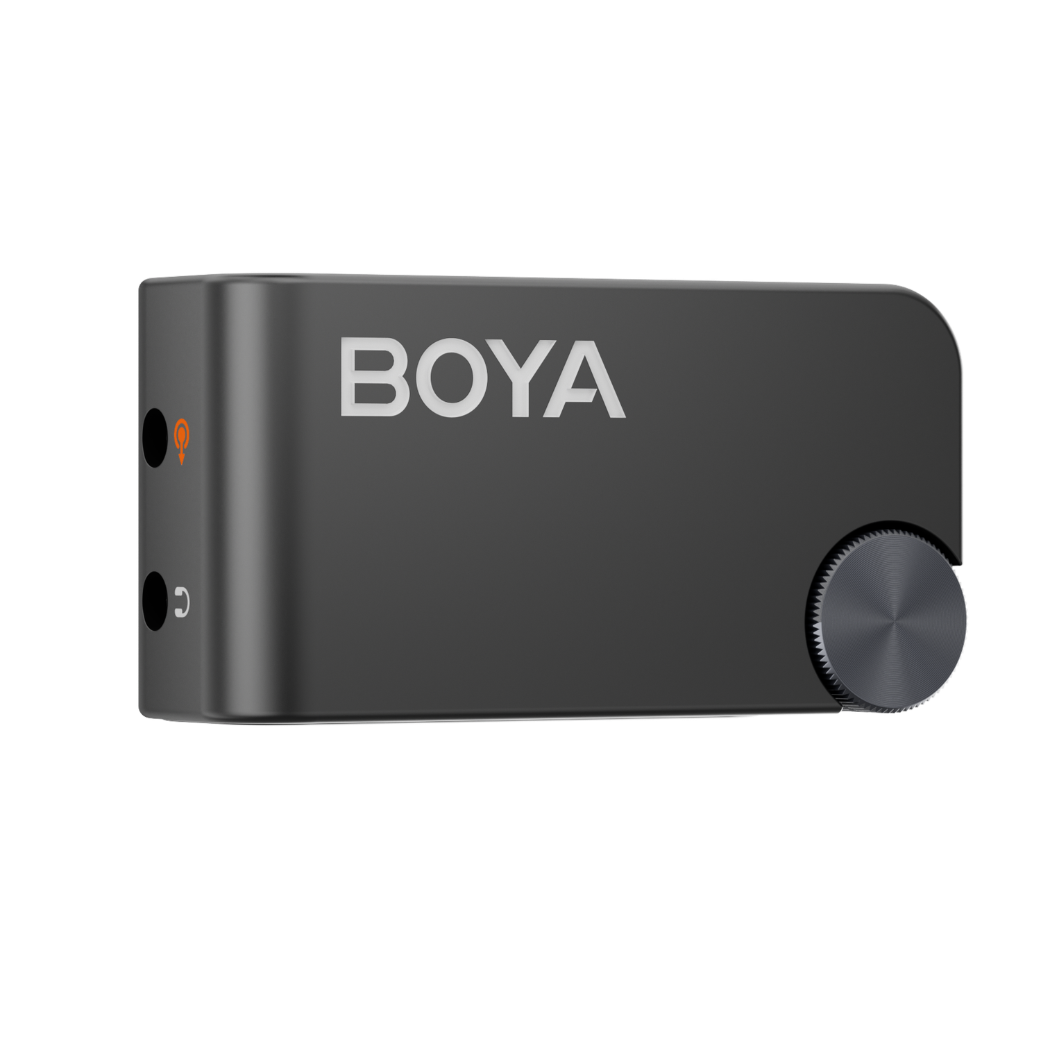 A dark gray audio device with the brand name BOYA in white. It has a dial and input/output ports on the side.