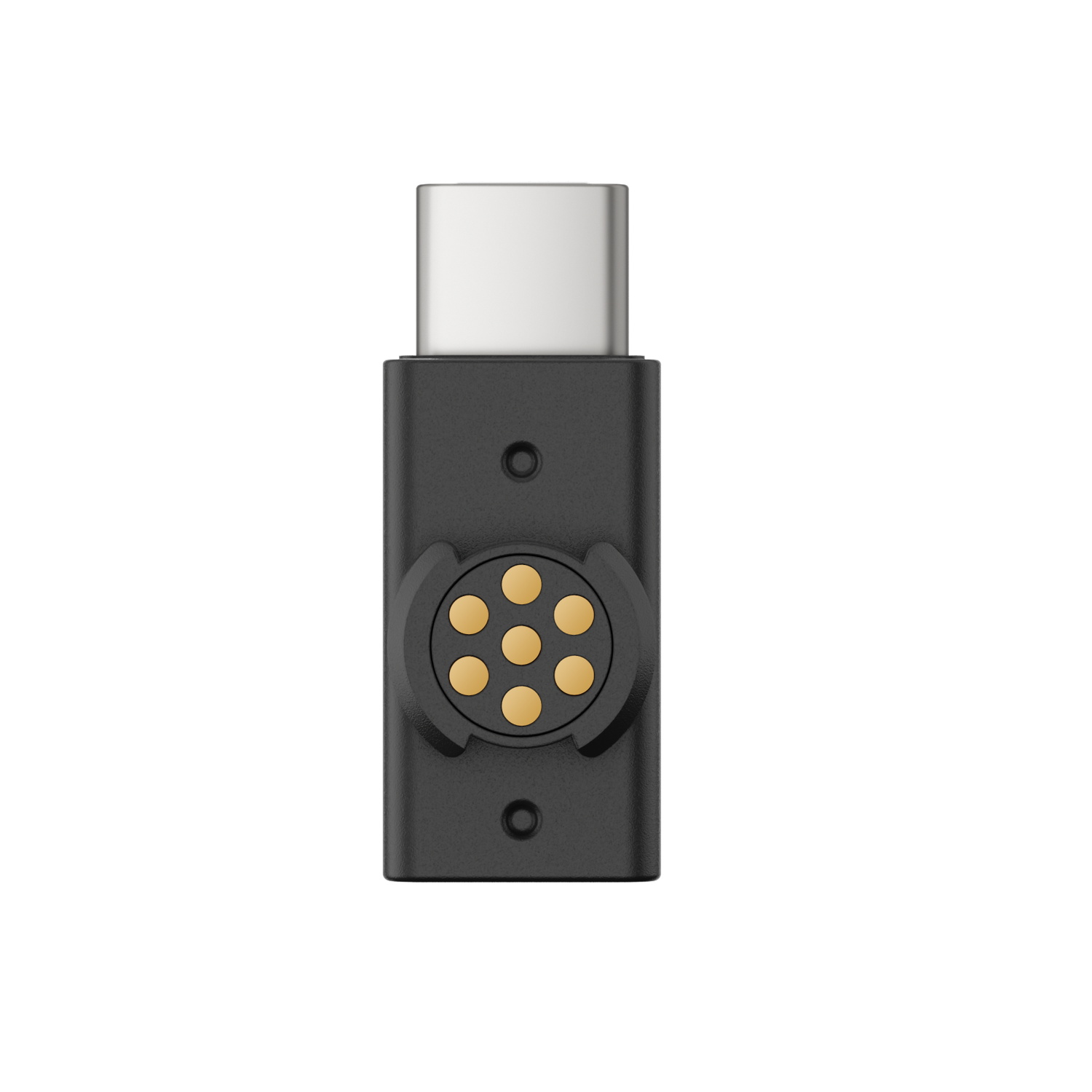 A black adapter with a USB-C connector at the top and a circular connector with gold pins at the bottom, set against a black background.
