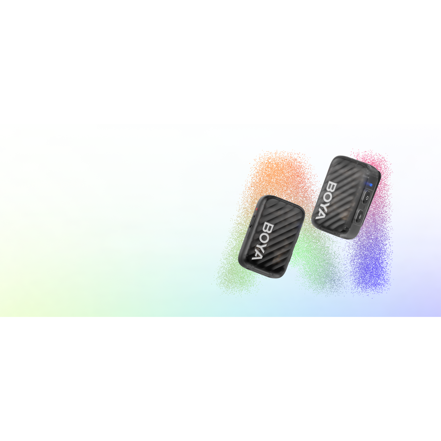 Two black rectangular Boya microphones with the brand name on them. Colorful particles are in the background.