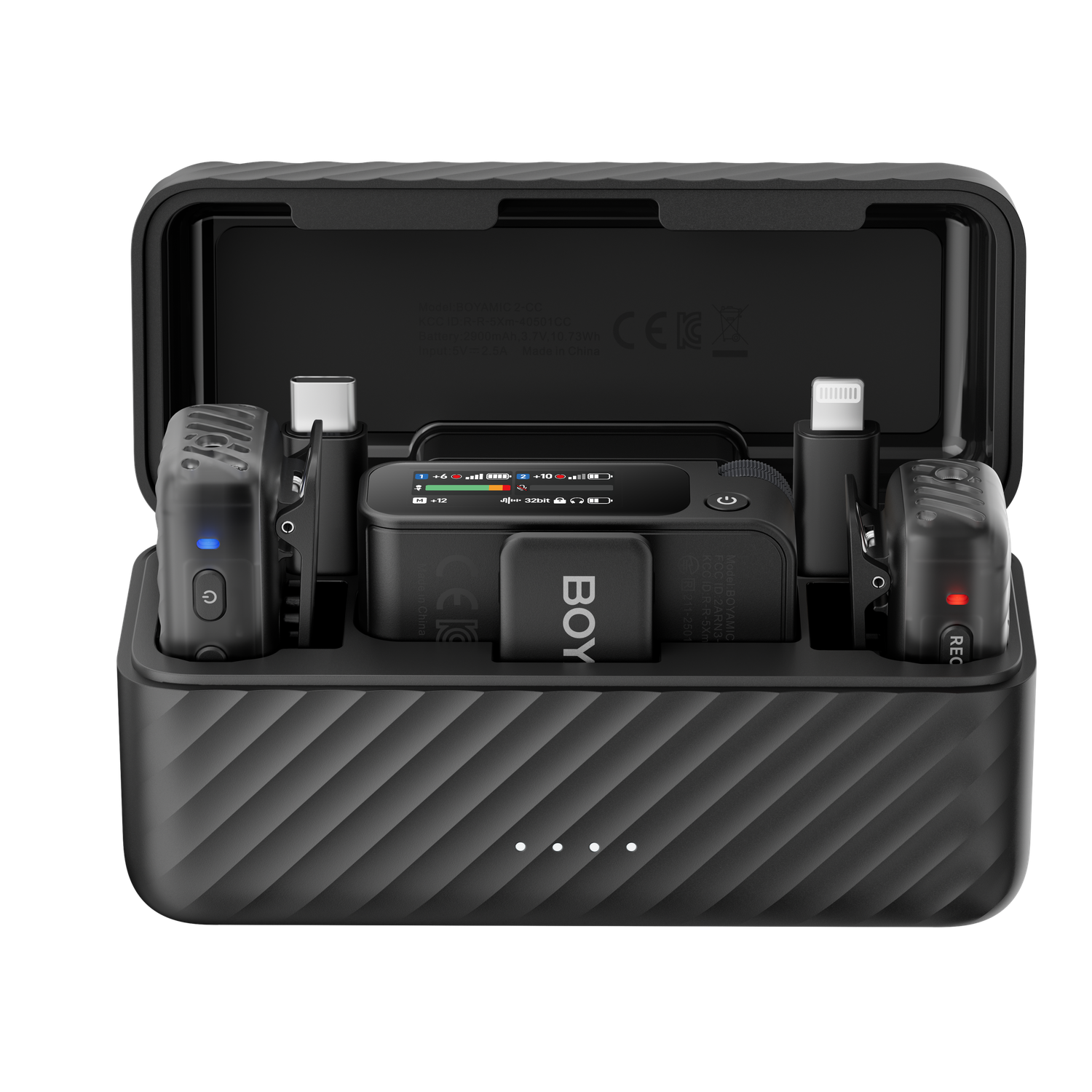 Black wireless microphone charging case. It contains microphones, a receiver, and charging cables. The case is open, displaying the devices.