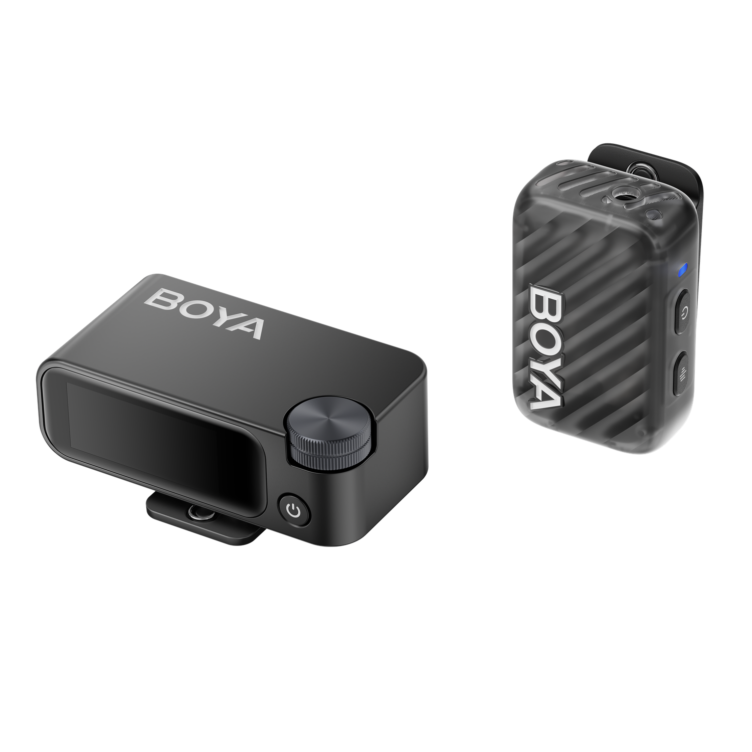 Two black Boya audio devices on a black background. One is rectangular with a knob, the other is a smaller, transparent clip-on.