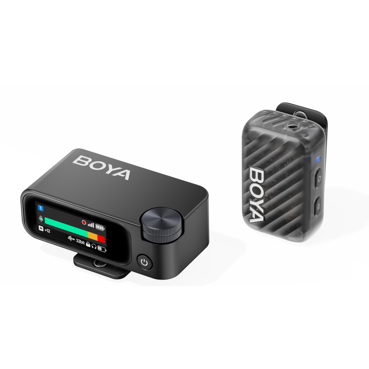 Two black BOYA audio transmitters. One rectangular with a display, the other square with a clip. Both on a white background.