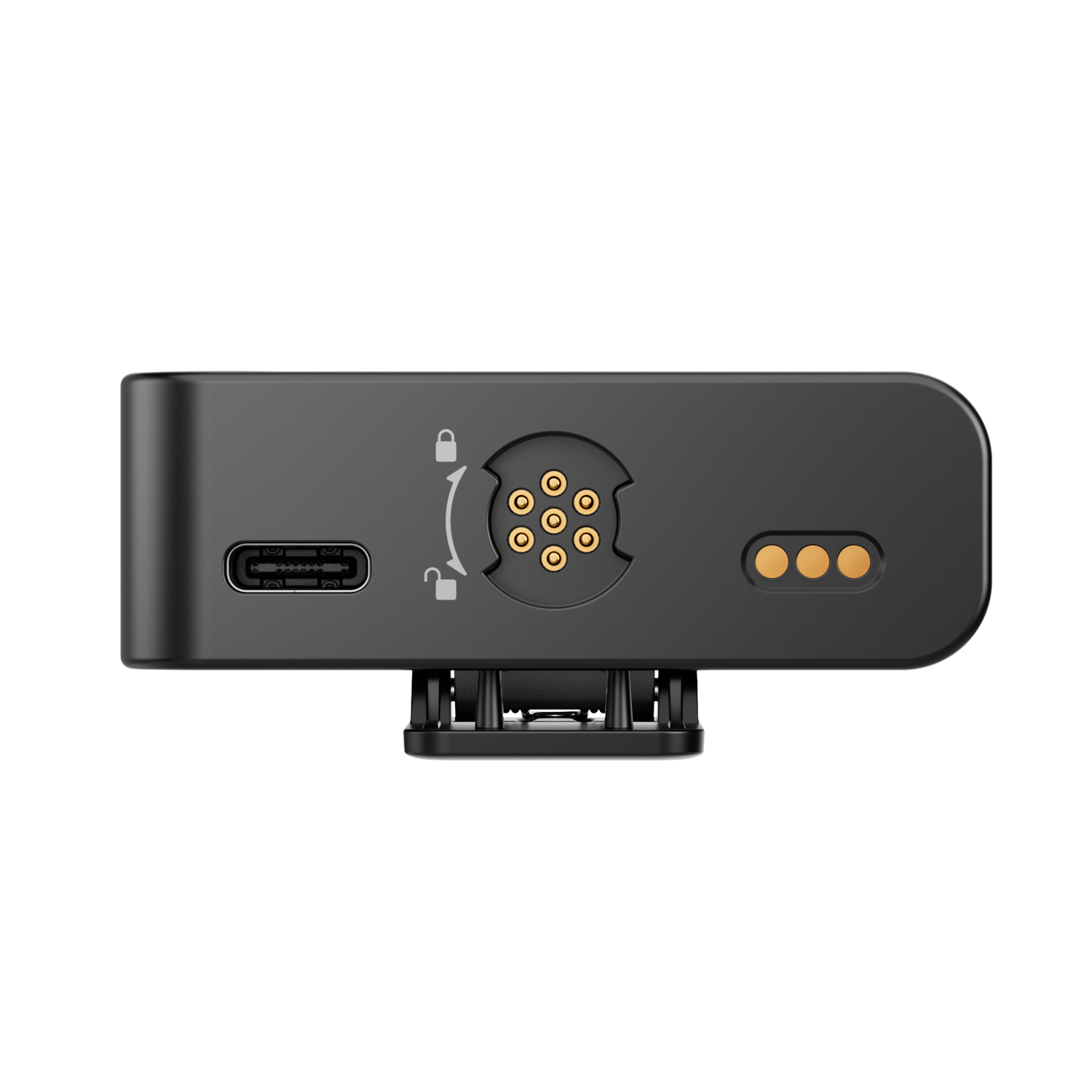 Black electronic device with multiple connection points and ports. Features a USB-C port, pin connectors, and a locking mechanism.