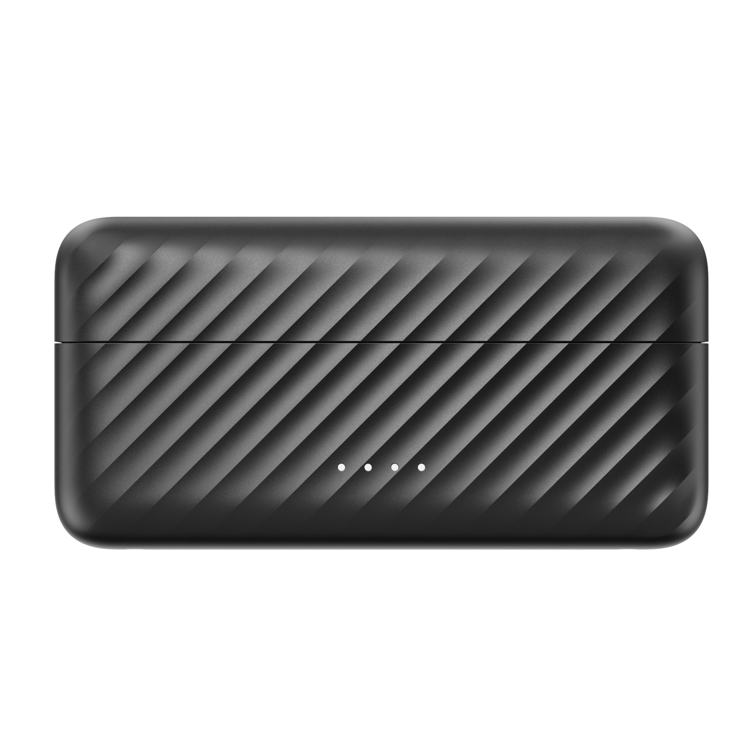 A black, rectangular charging case with a textured surface and three white indicator lights. The background is solid black.