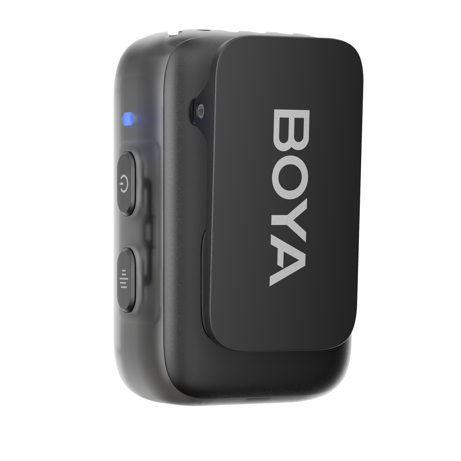 A black Boya microphone with a clip. It has a power button, a signal button, and a blue light. The word 'BOYA' is visible on the clip.