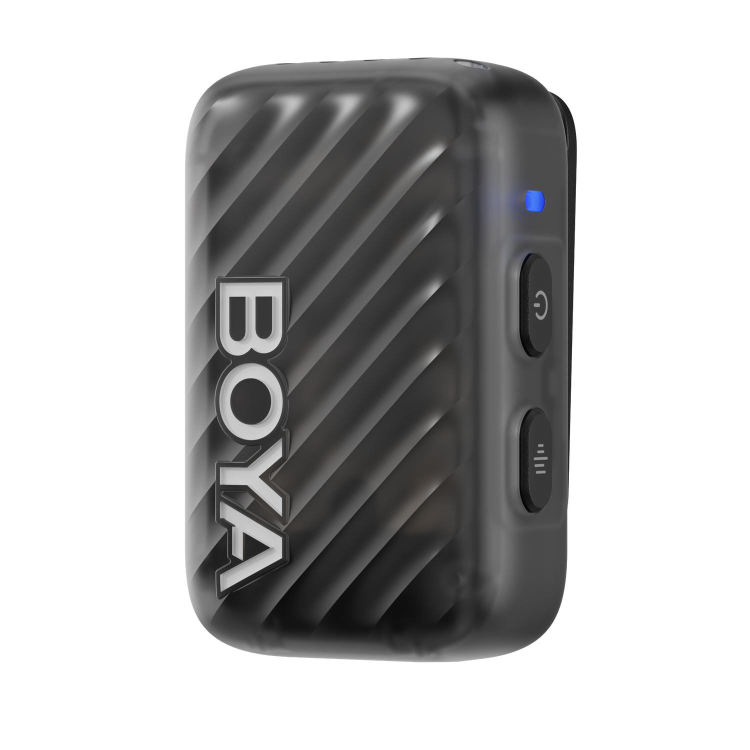 A black and gray BOYA wireless microphone receiver. It has buttons and a blue light. The background is black.