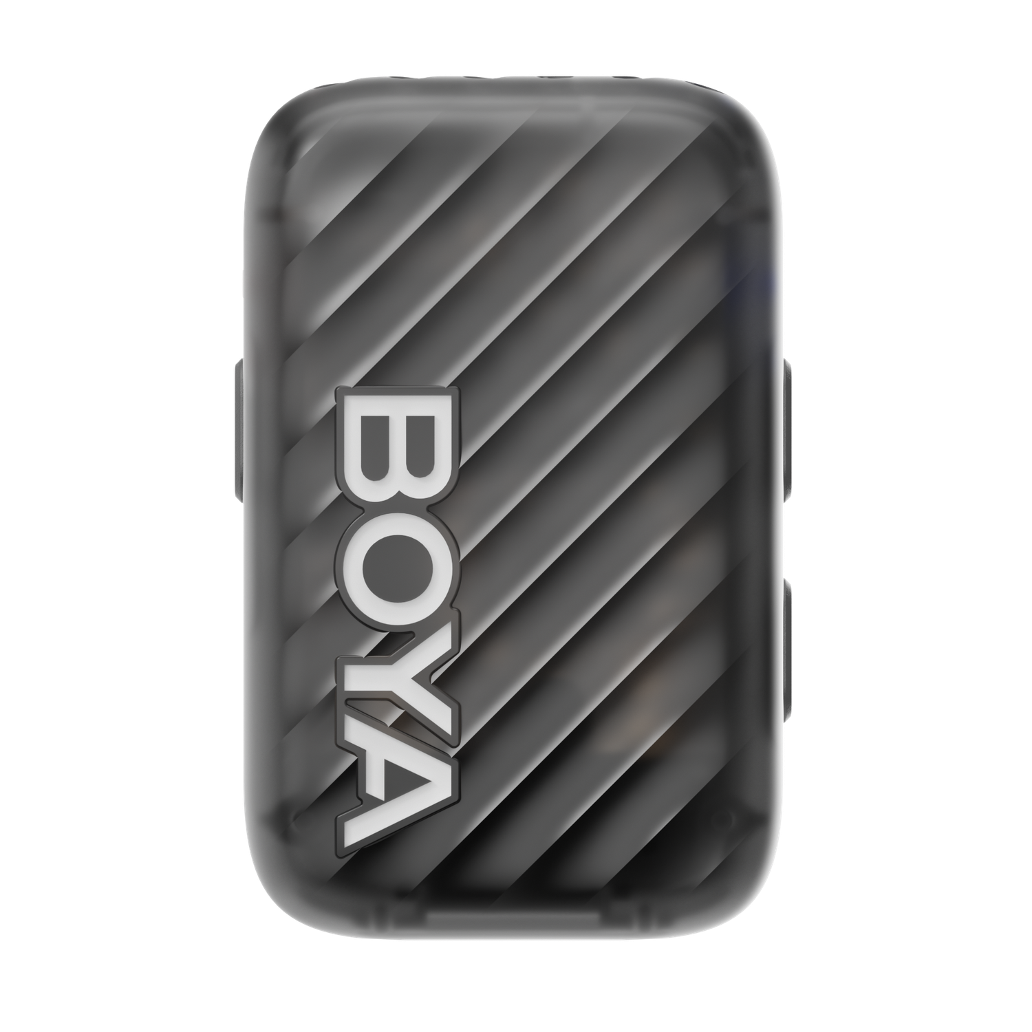 A dark gray, rectangular case with diagonal lines. The white word "BOYA" is vertically centered on the case.