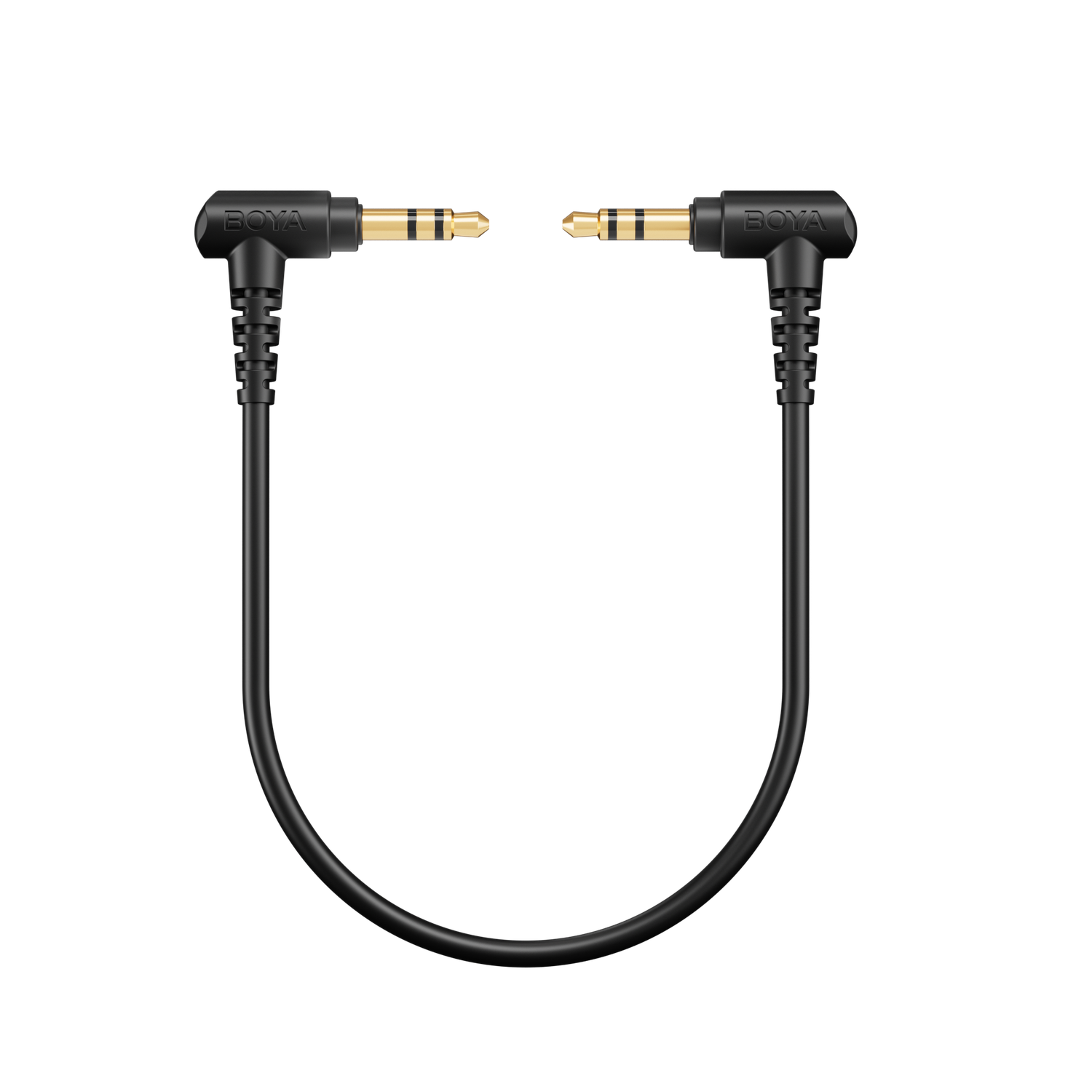 Two black audio cables with gold-colored connectors. Each connector is labeled "BOYA" and is positioned against a black background.