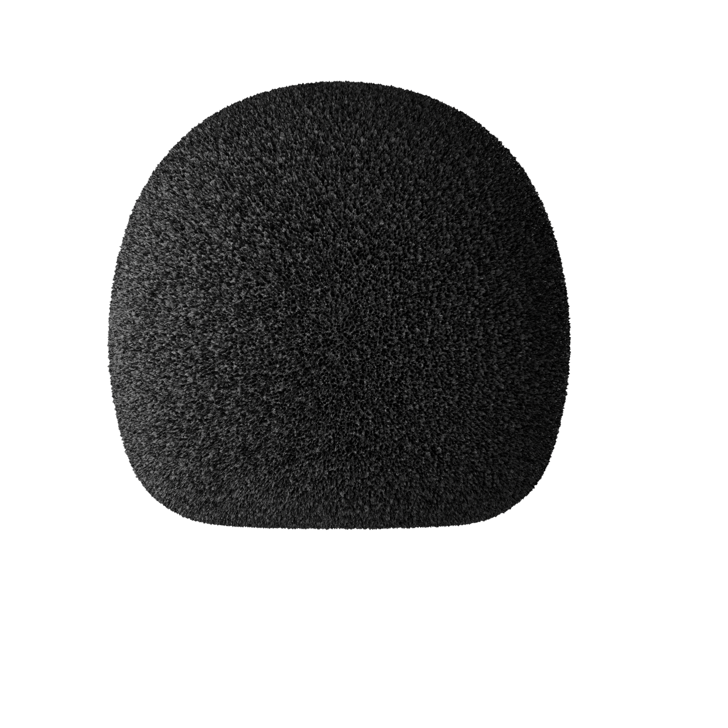 A black, oval-shaped object with a textured surface, possibly a microphone cover, against a black background.