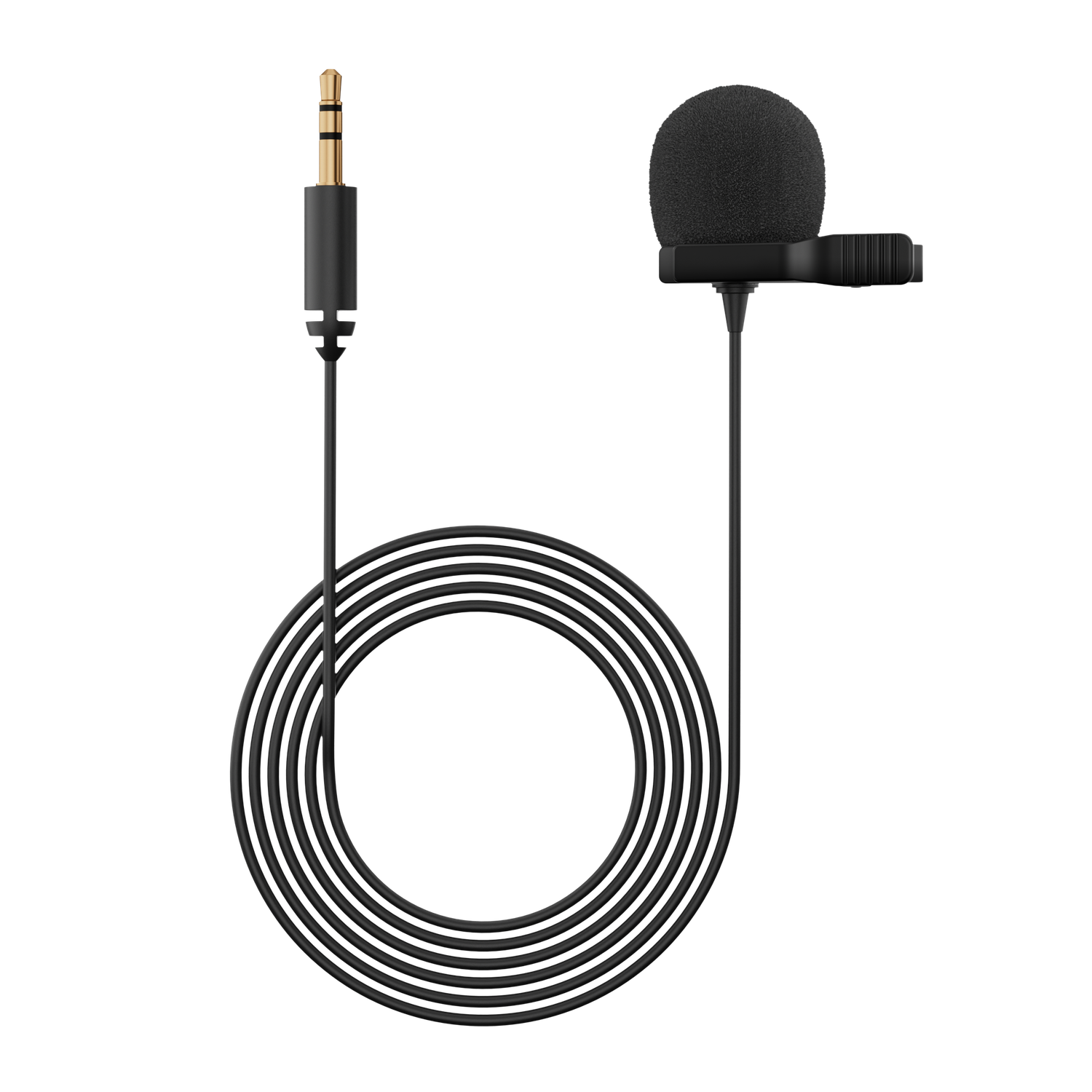 A black lavalier microphone with a gold-colored 3.5mm jack. The cable is coiled. The background is black.