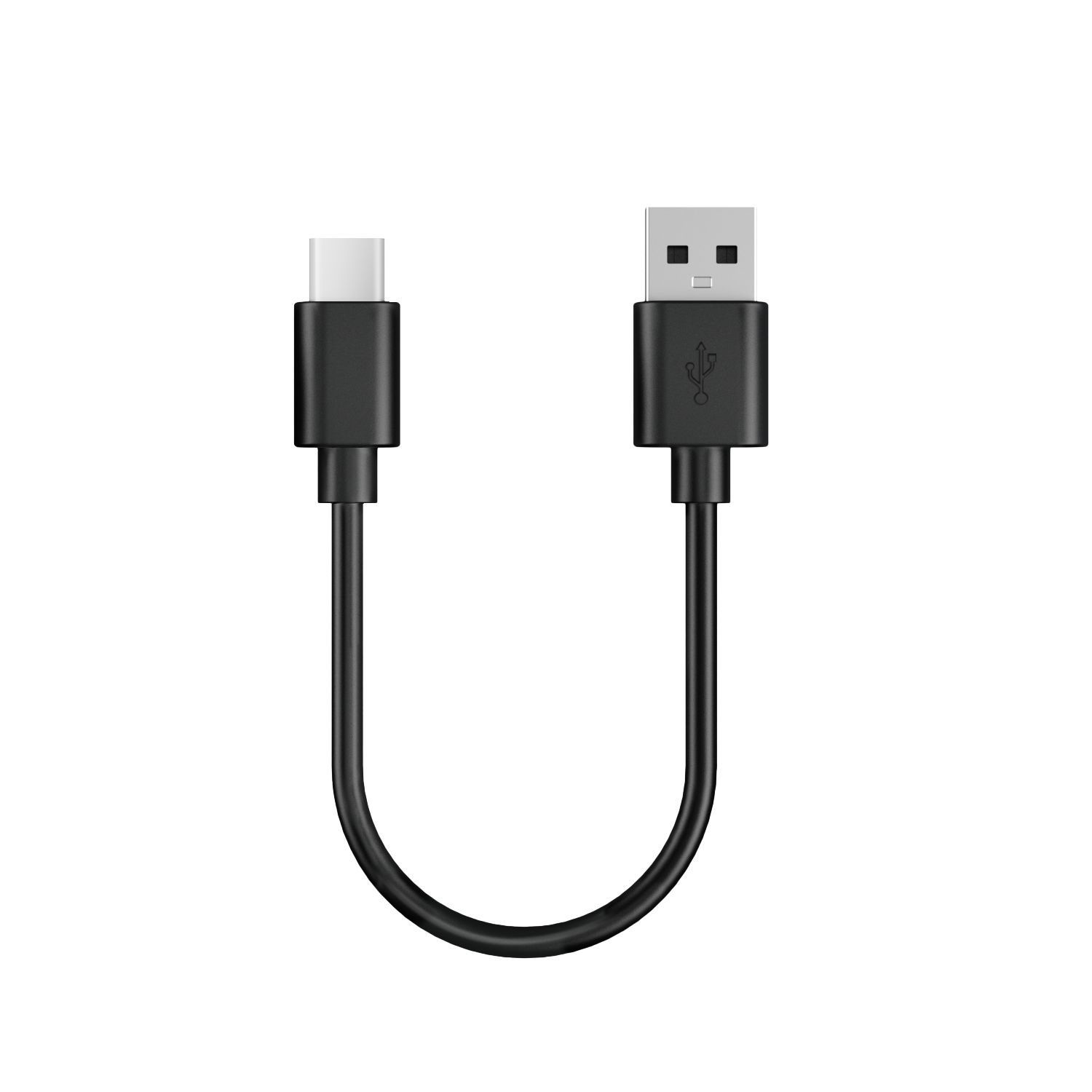 A black USB-C to USB-A cable, connecting two rectangular connectors with a black wire bent in a U-shape against a white background.