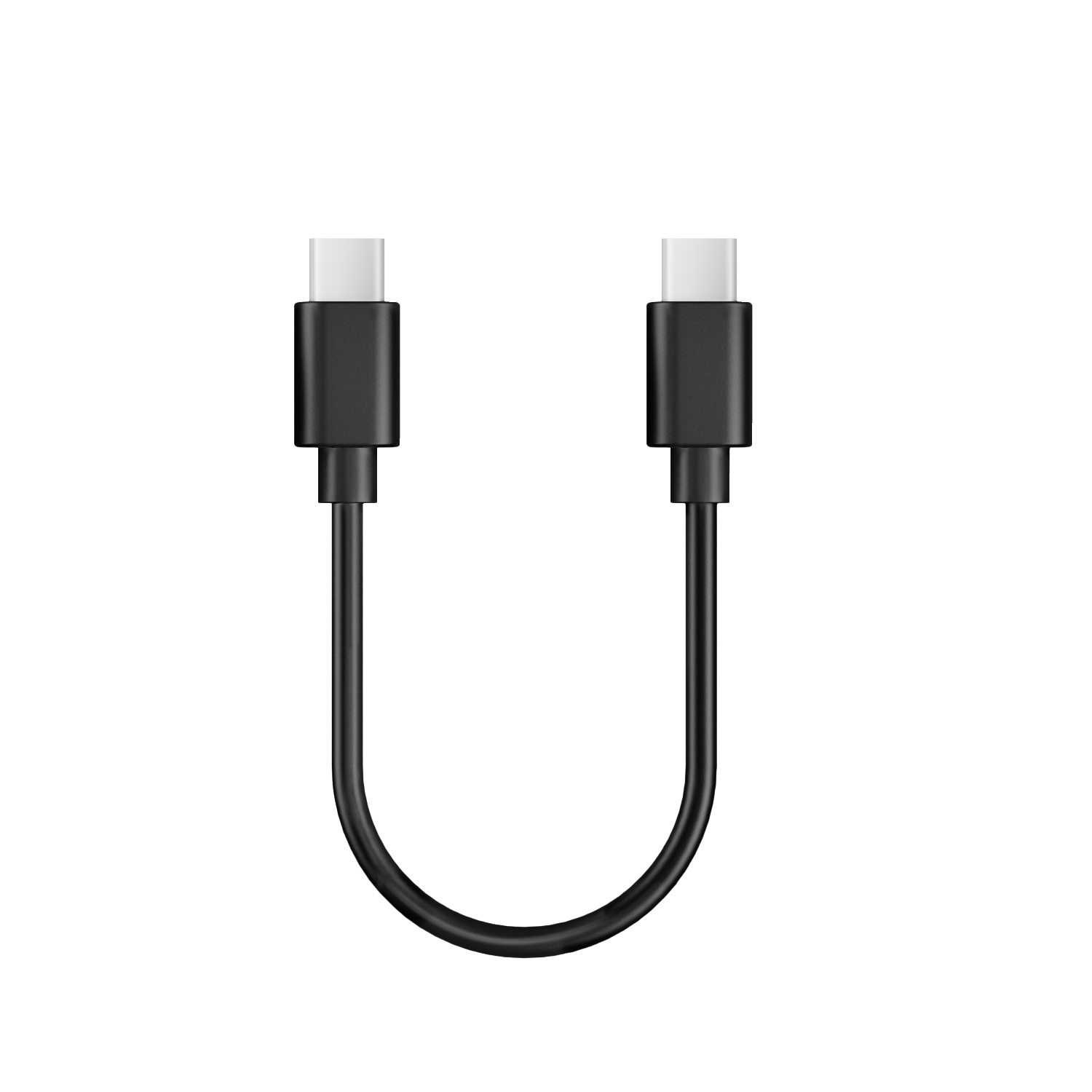 A black USB-C cable on a white background. The cable has two connectors with white tips and a curved black wire.