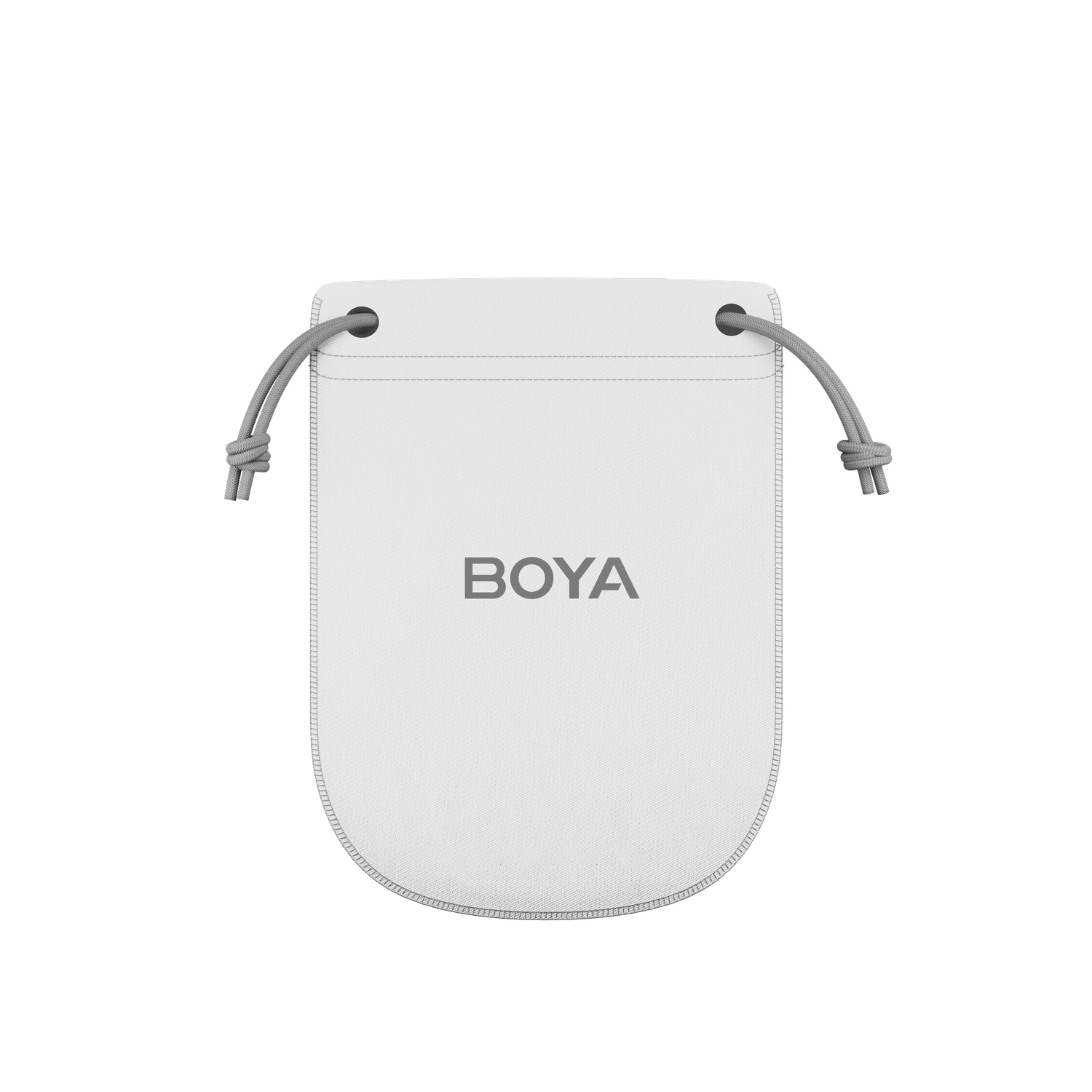 A white drawstring pouch with the word 'BOYA' printed on it. The pouch is on a black background. Gray drawstrings are visible.