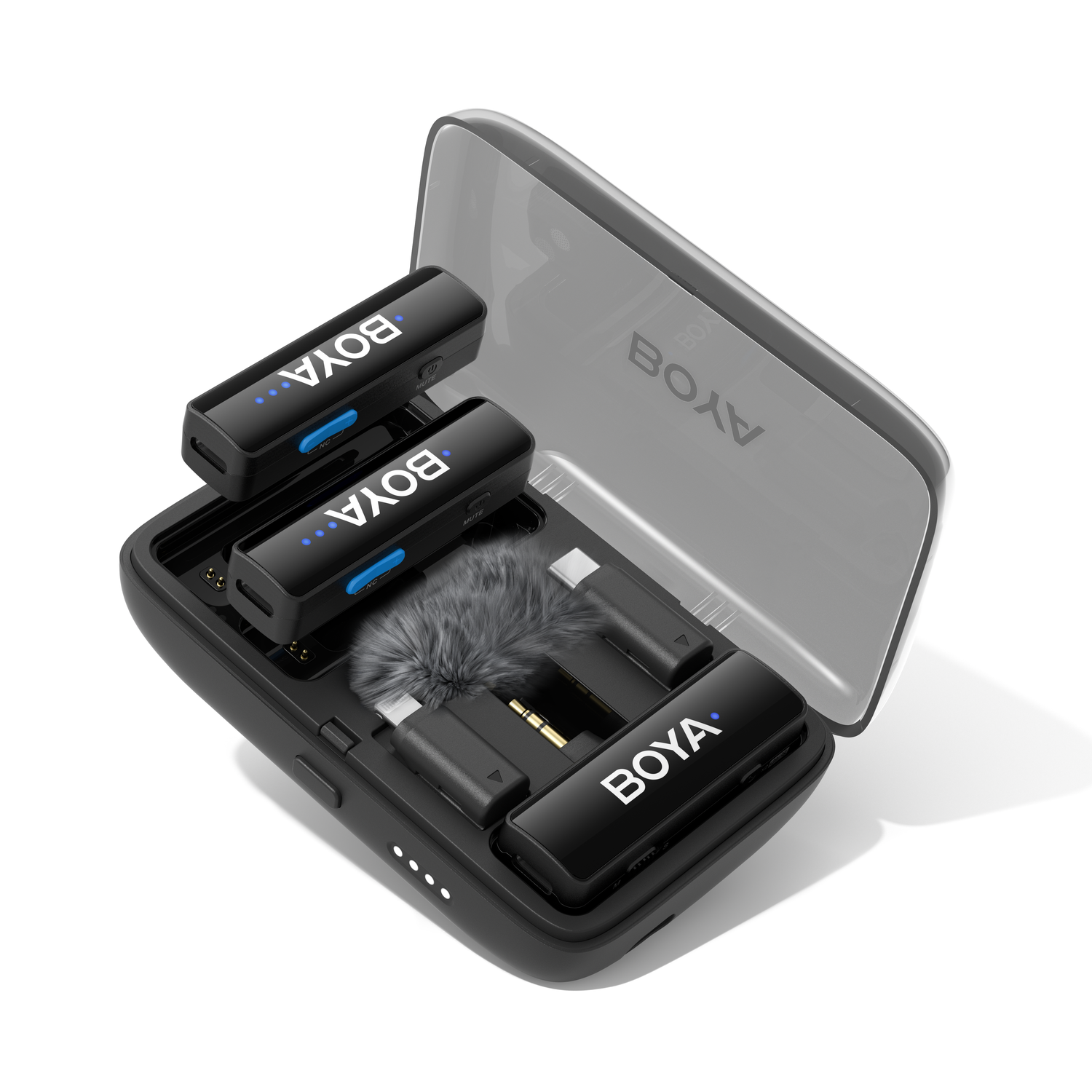 Black Boya wireless microphone kit. Includes two mics, charging case, fur windscreen, and accessories. White background.