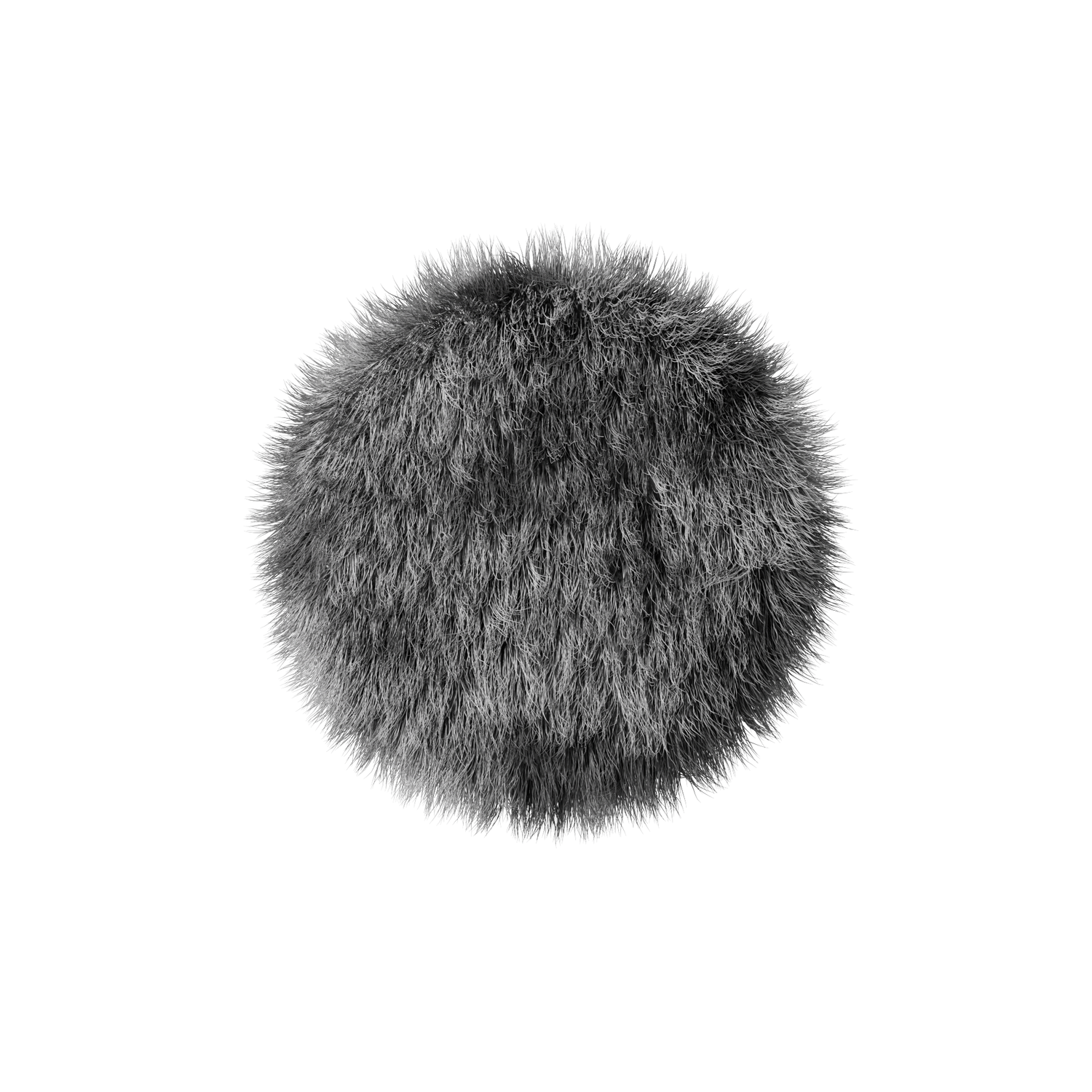 A grayscale image of a fluffy, round object, like a fur ball, against a solid black background. The texture is dense and fibrous.