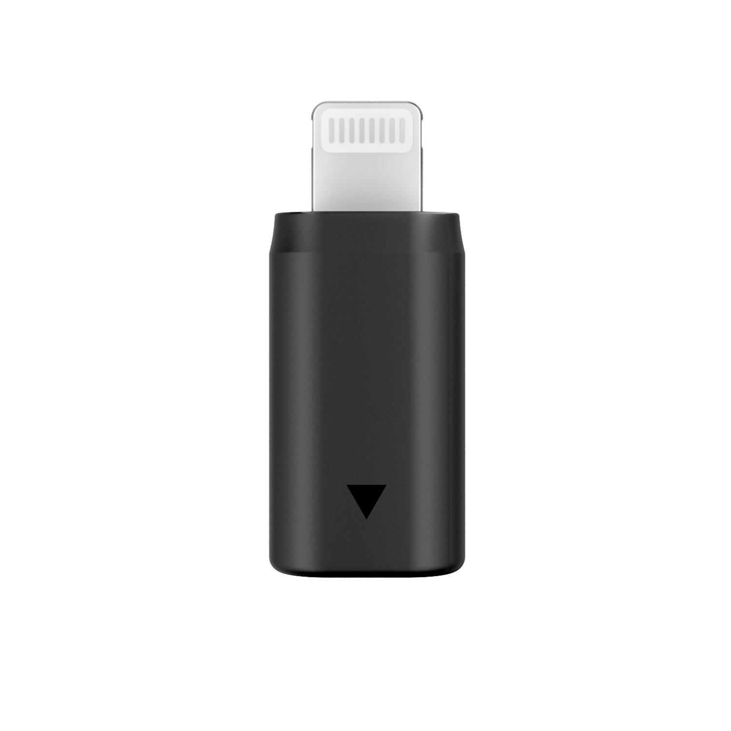 Black adapter with a white connector. The adapter has a black body and a white lightning connector. A small black triangle is visible.