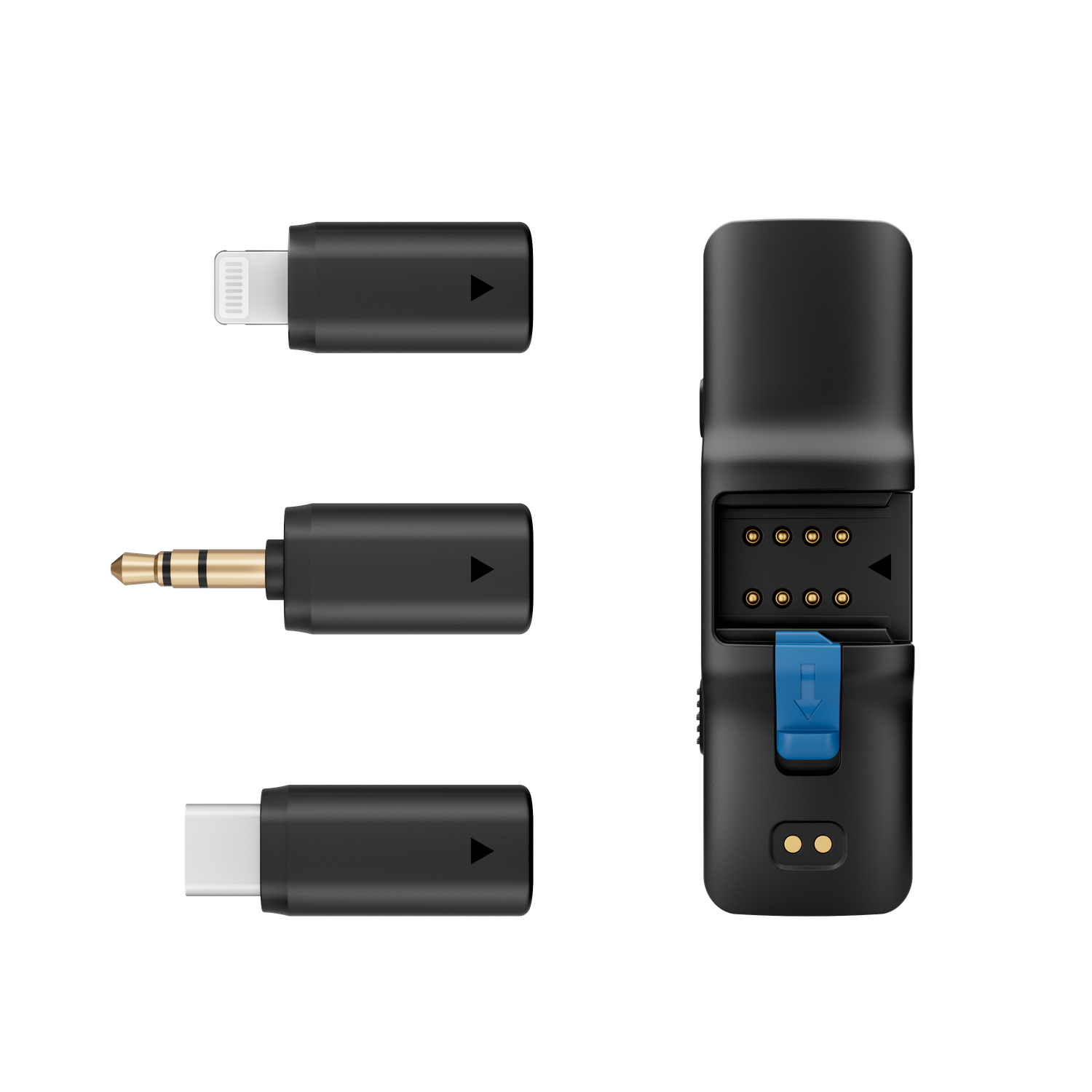 Black audio device with Lightning, 3.5mm jack, and USB-C connectors. Also includes a black charging device with a blue latch.