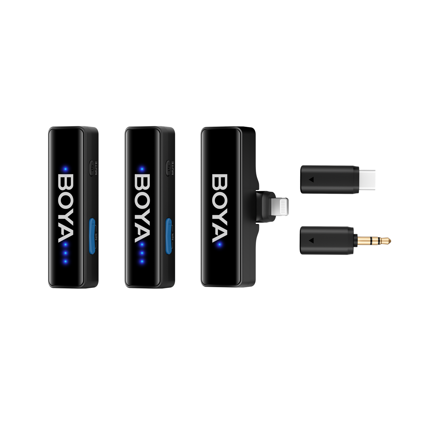 Black Boya wireless microphones and adapters on a black background. Connectors include USB-C, Lightning, and 3.5mm jack.