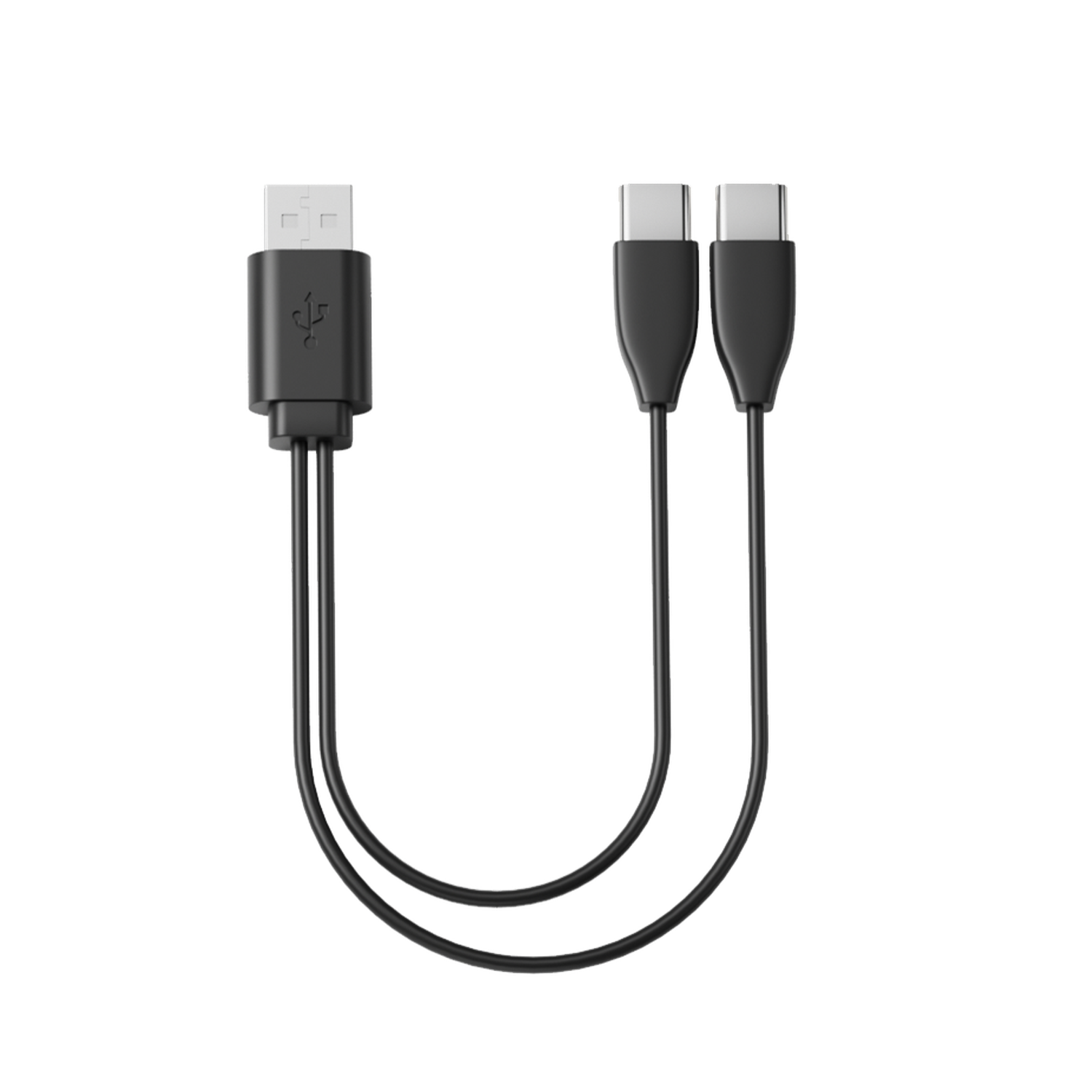 A black USB cable with a USB-A connector and two USB-C connectors. The cable is on a black background.