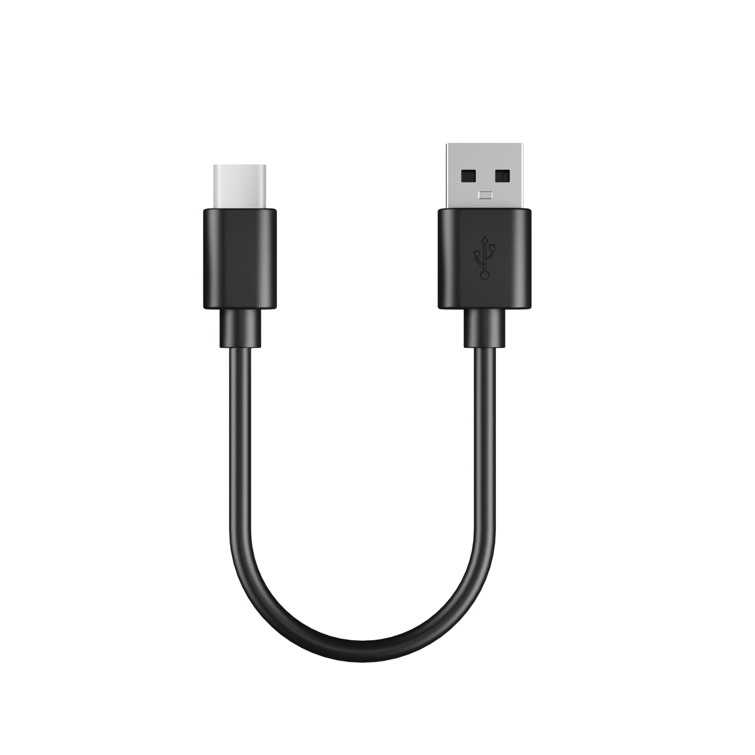 A black USB-C to USB-A cable on a white background. The USB-C end is white, the USB-A has a USB symbol.