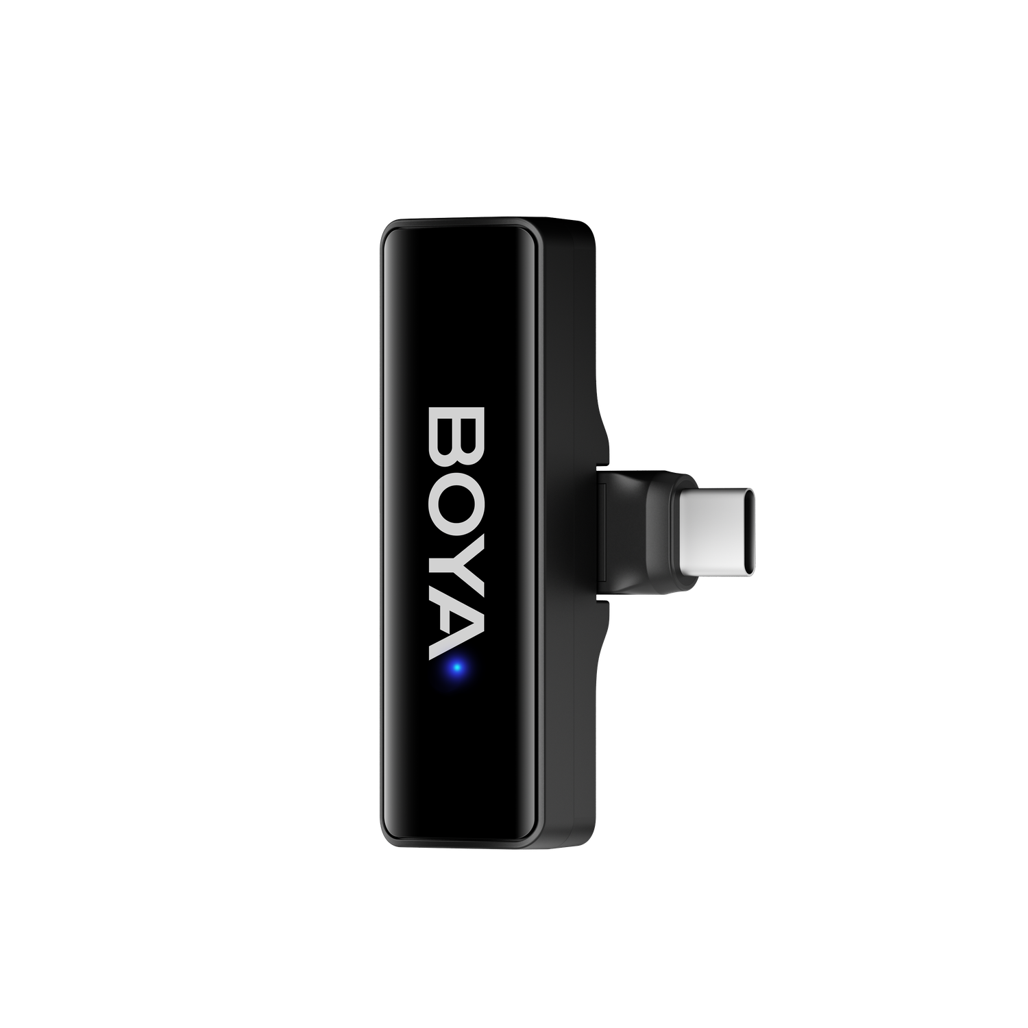 A black BOYA device with a USB-C connector on a black background. BOYA is written vertically in white. A blue light is on.