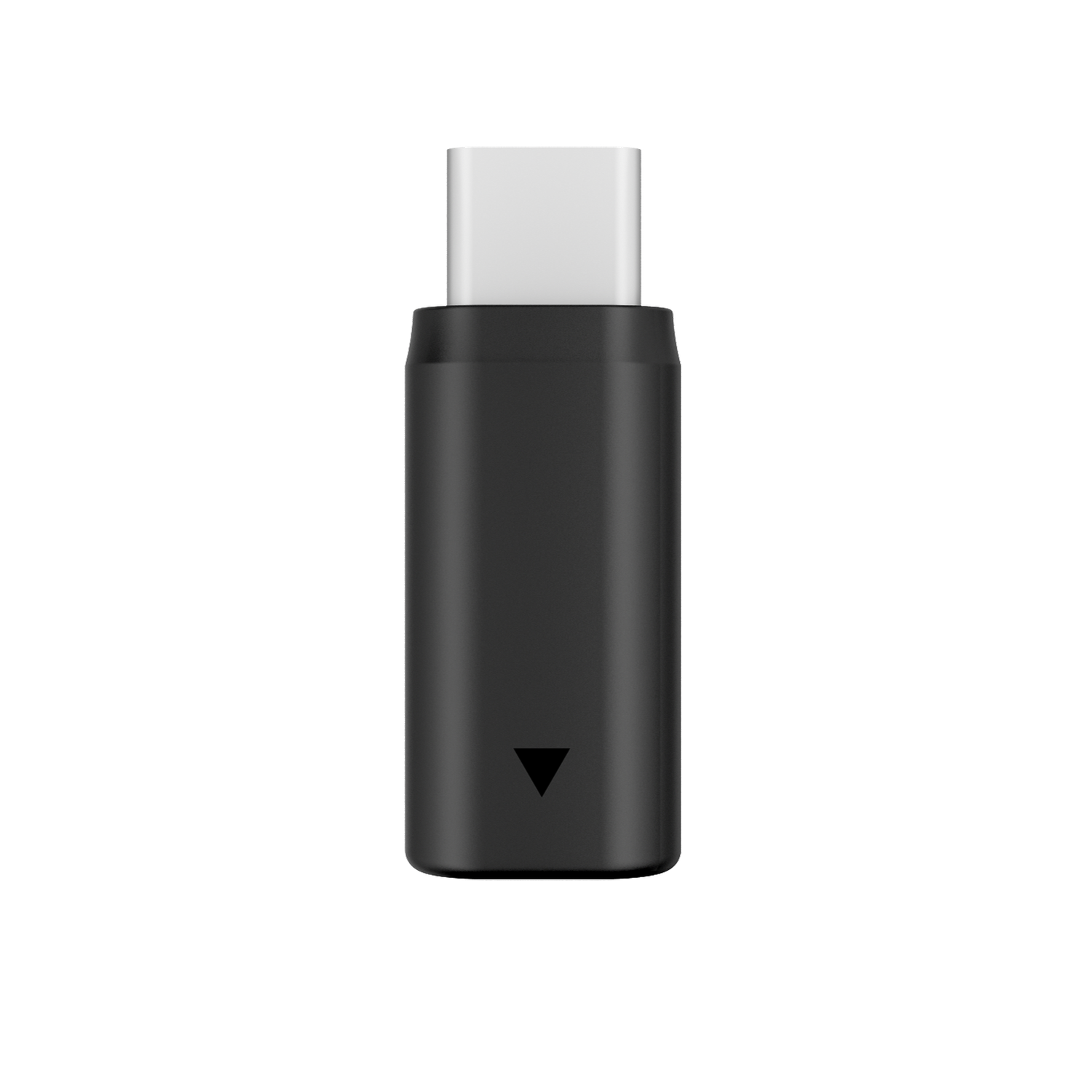 A black USB-C adapter with a white connector. A black triangle indicates the insertion direction. The background is black.