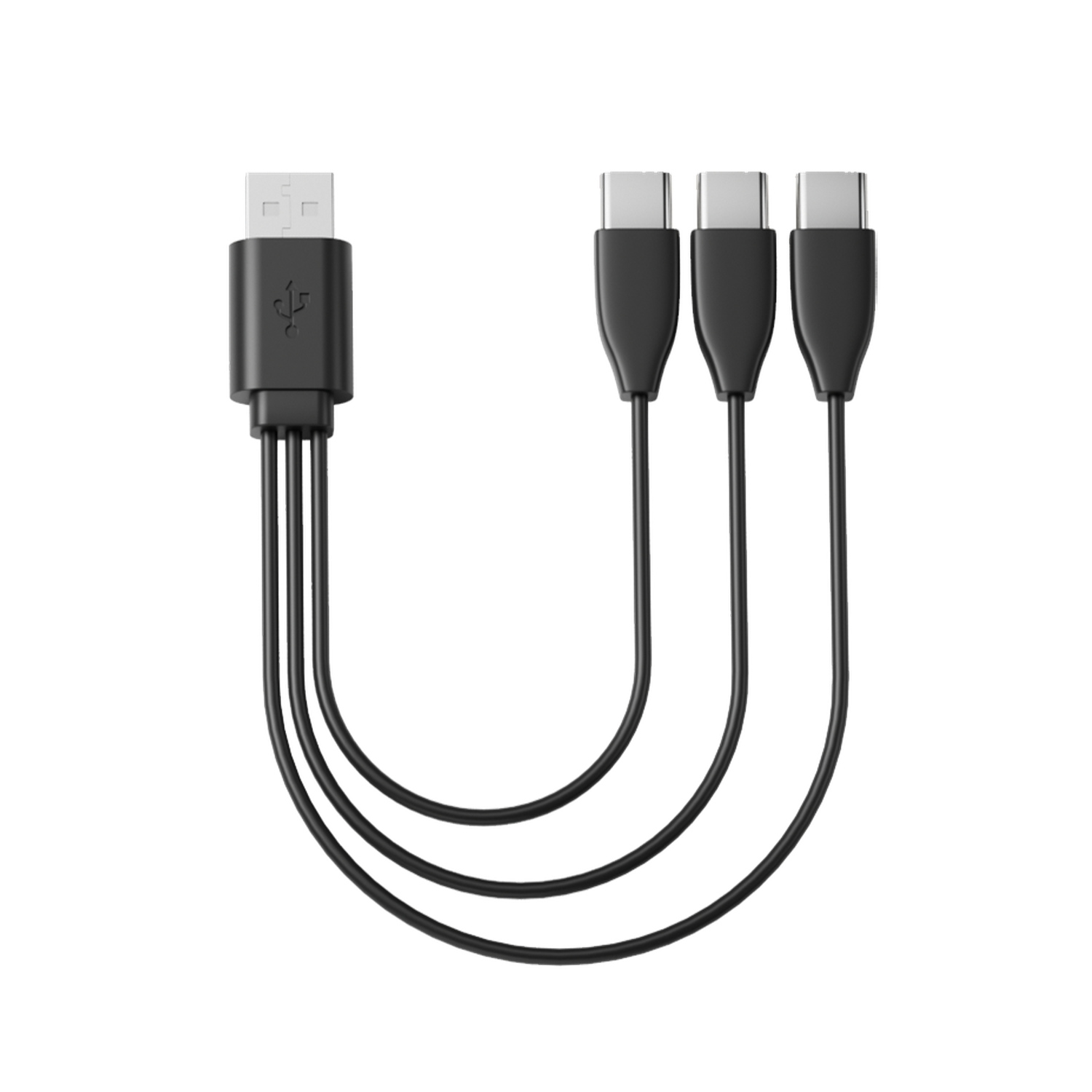 Black USB cable with one USB-A connector and three USB-C connectors on a black background.