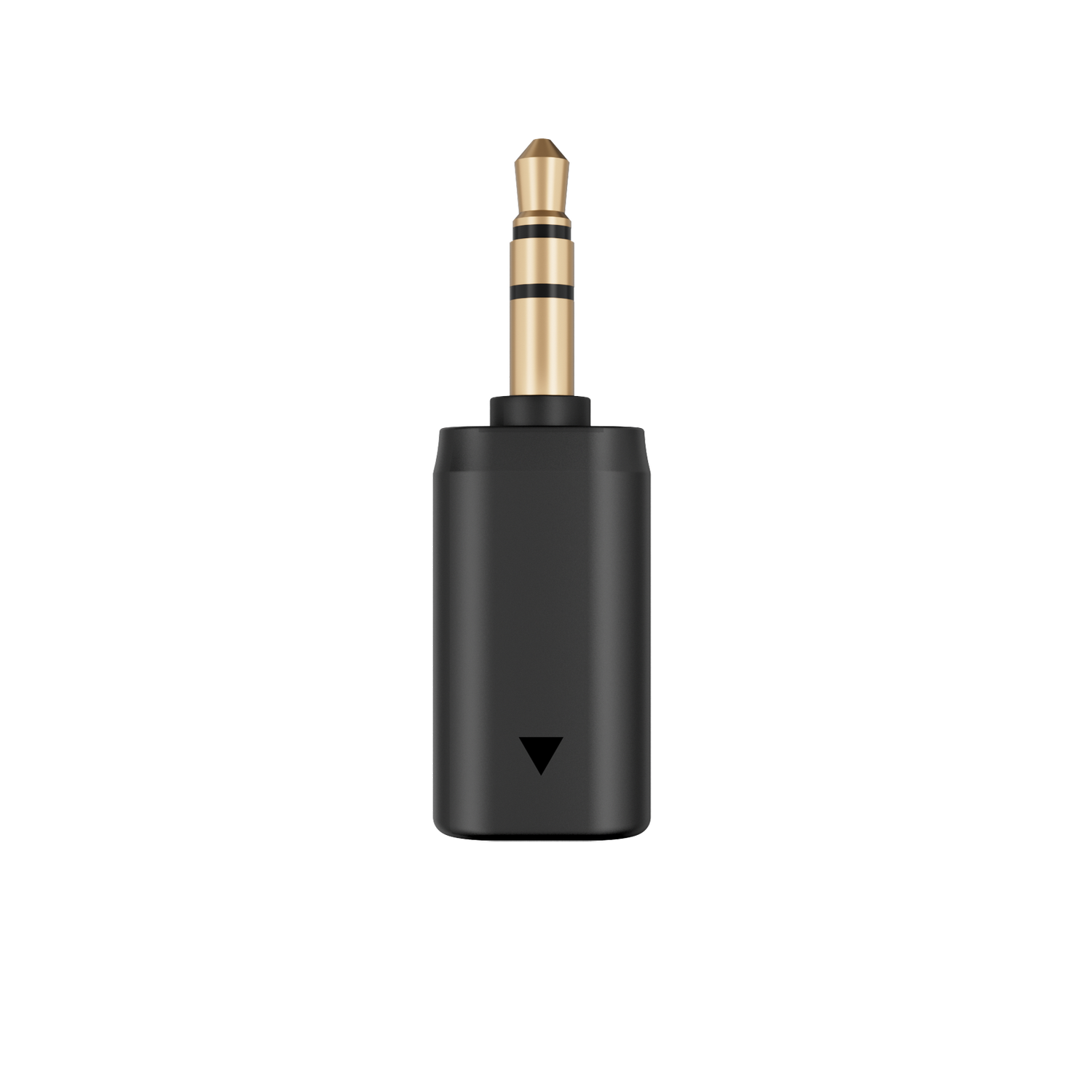 A black audio adapter with a gold-colored jack. The adapter has a triangular marking. The background is black.