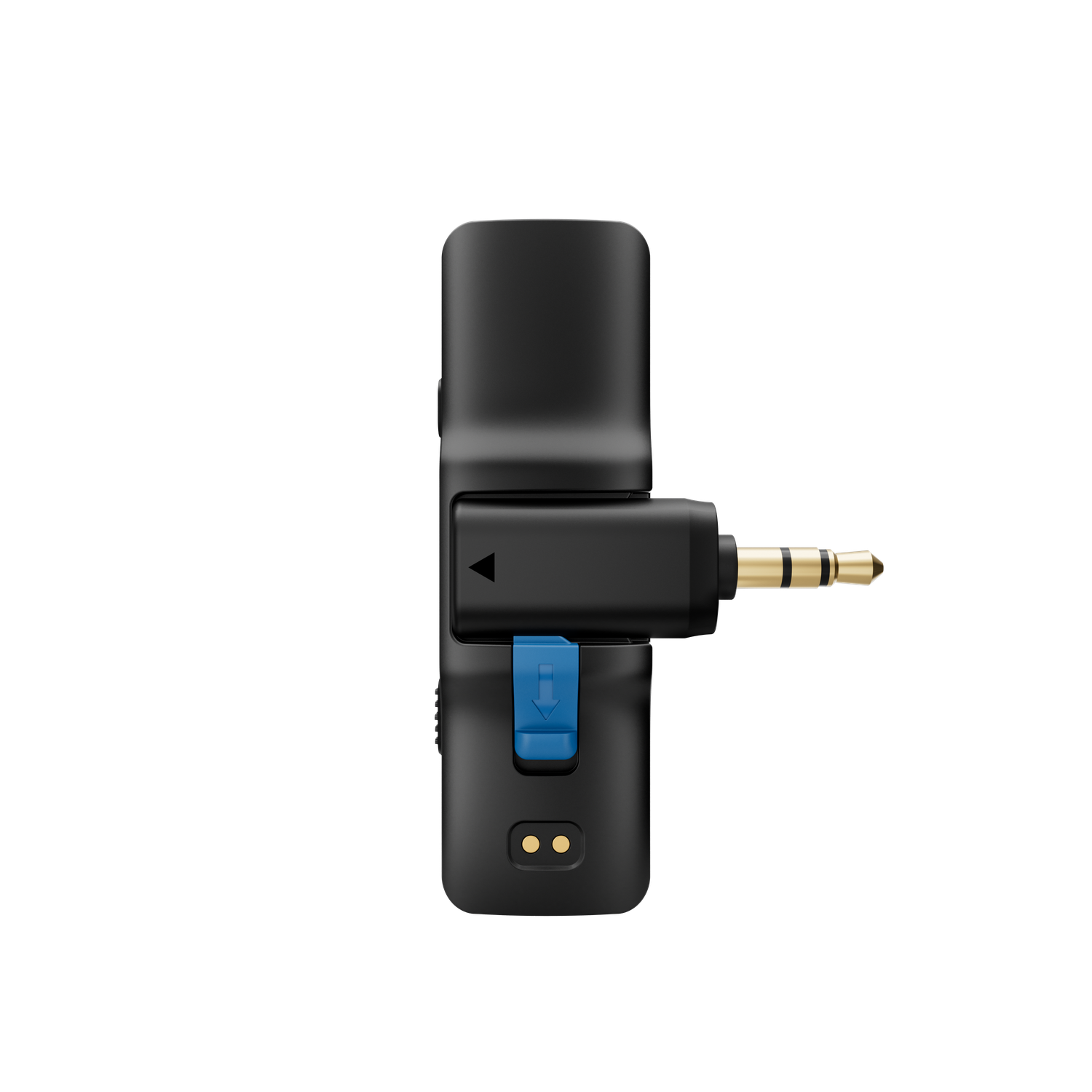 Black audio adapter with a gold-tipped jack and a blue latch. Two gold dots are visible on the bottom.