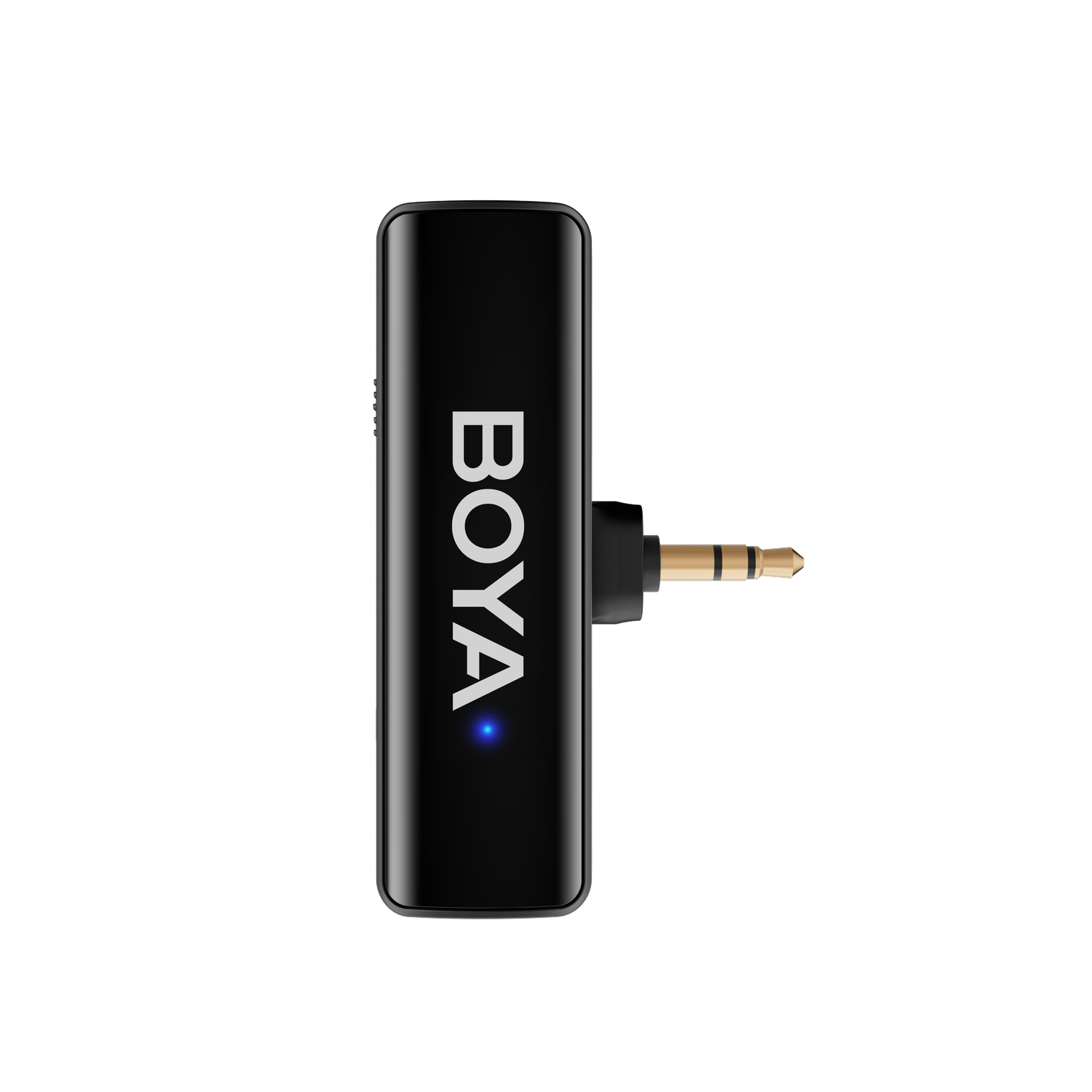 A black BOYA audio receiver with a gold-colored jack, a blue light, and the word BOYA in white.